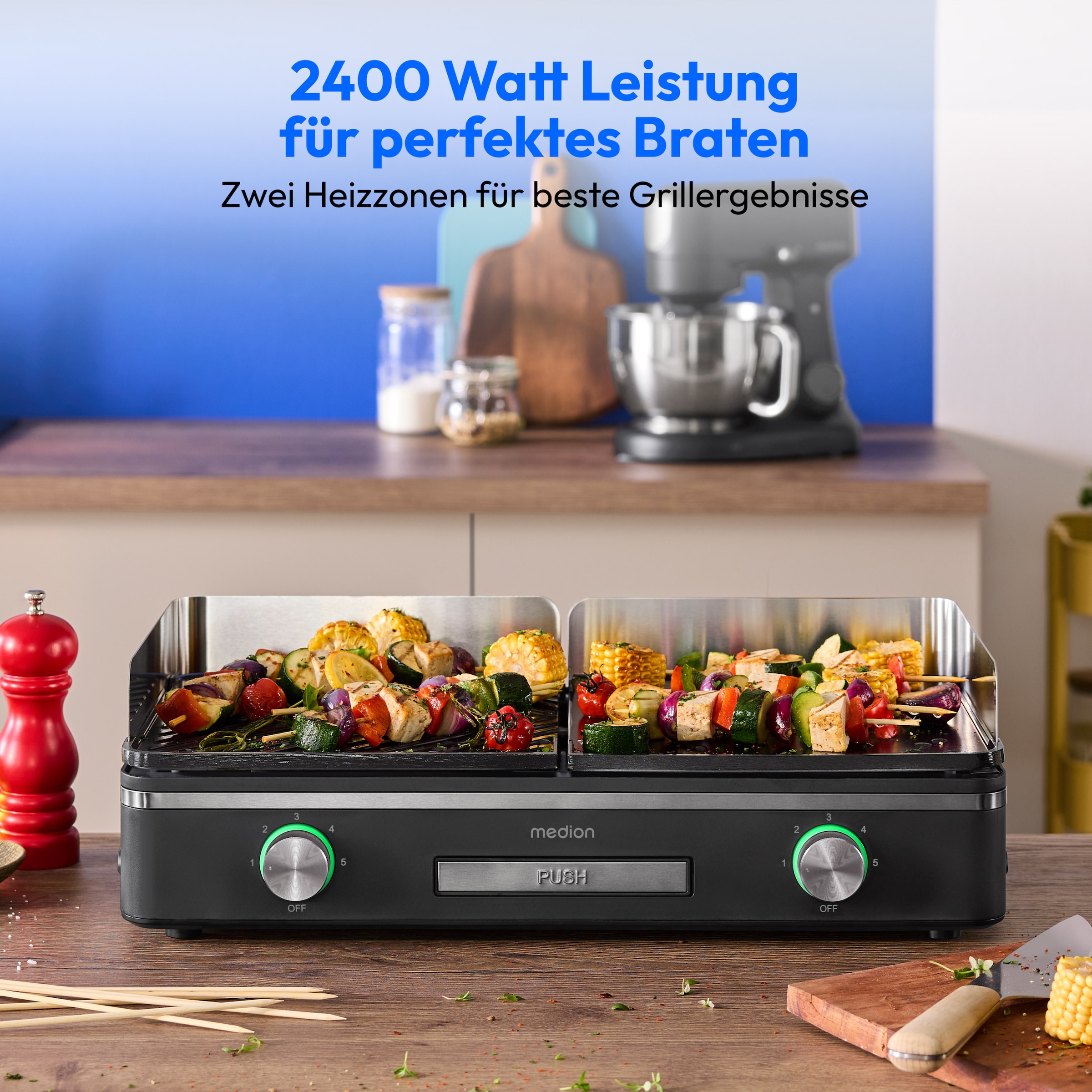 Medion® Tischgrill »MD12027, mit Dual-Zonen-System, 2,400 Watt, 2 abnehmbare Platten«, 2400 W, bis max. 240 °C, PFAS Frei, LED-Statusanzeige, IPX4-Schutz