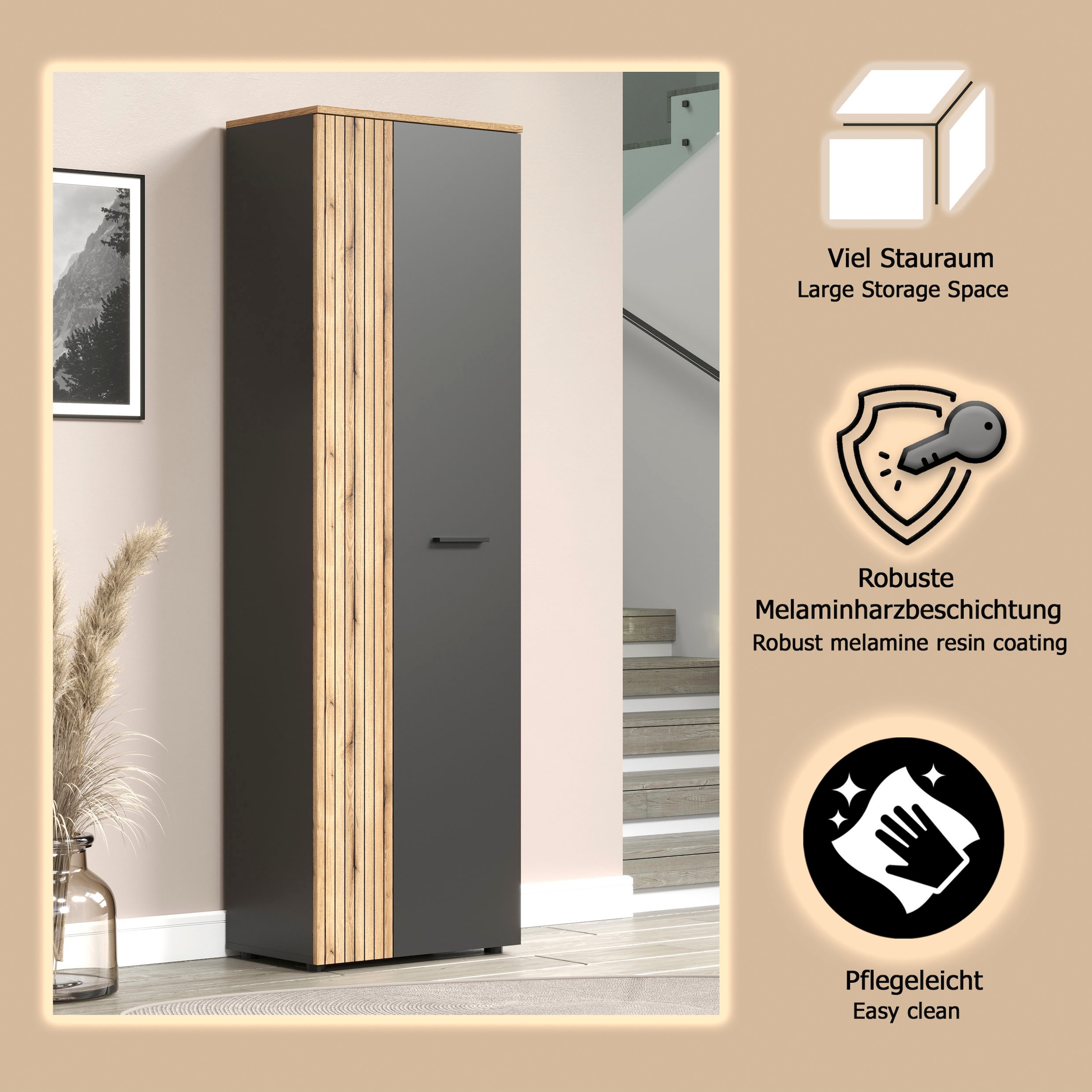 Home affaire Garderobenschrank »Estepona« 1 Stk. tlg. Flurschrank mit 2 Türen & 1 Kleiderstange – (B/T/H) 60/36/195 cm