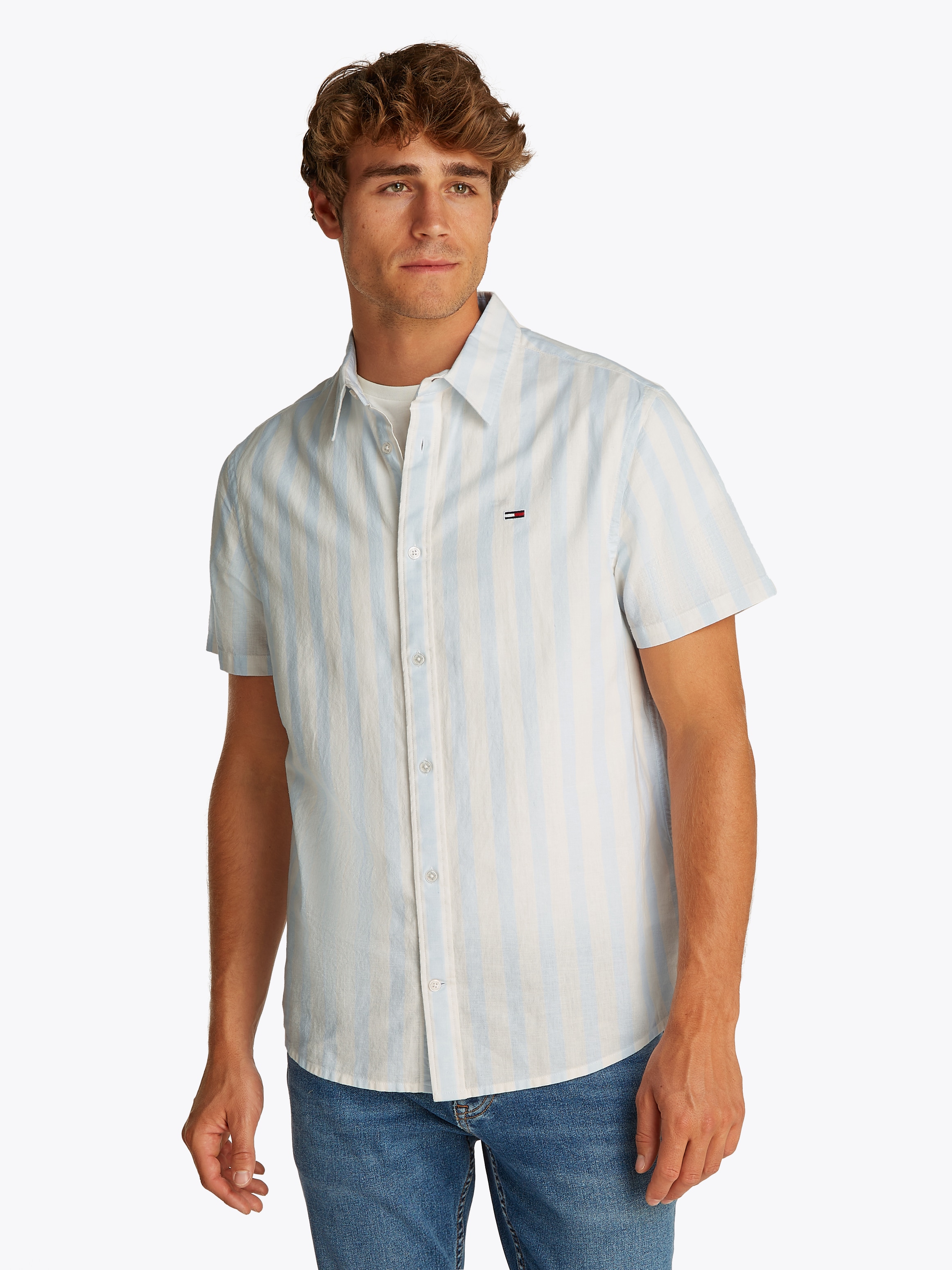 Tommy Jeans Kurzarmhemd "TJM REG LINEN BLEND STP SS SHIRT", Mit Rundhalsaus günstig online kaufen