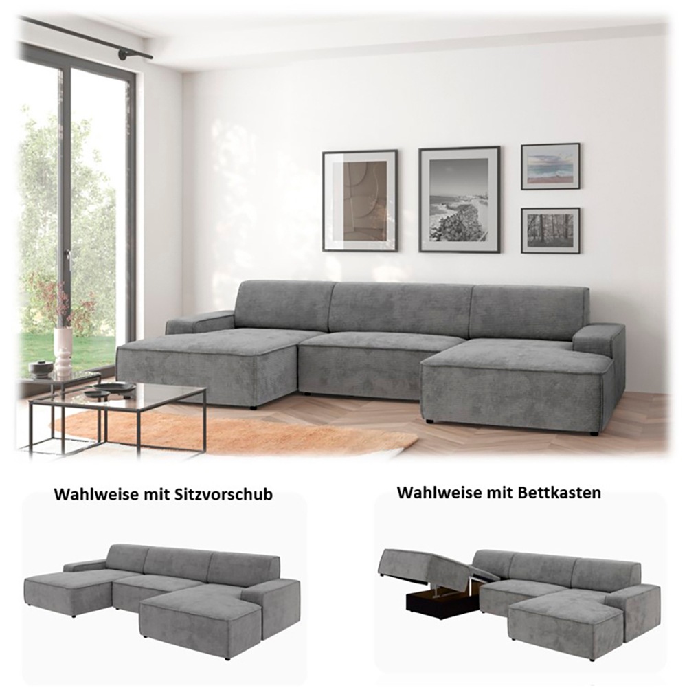 TRENDMANUFAKTUR Wohnlandschaft »Graz, wahlweise mit Sitzvorschub und Bettkasten, U-Form, Breite 329 cm«, in Cord-, haustierfreundlichem LEO Struktur- oder LUMOS-3D-Bezug