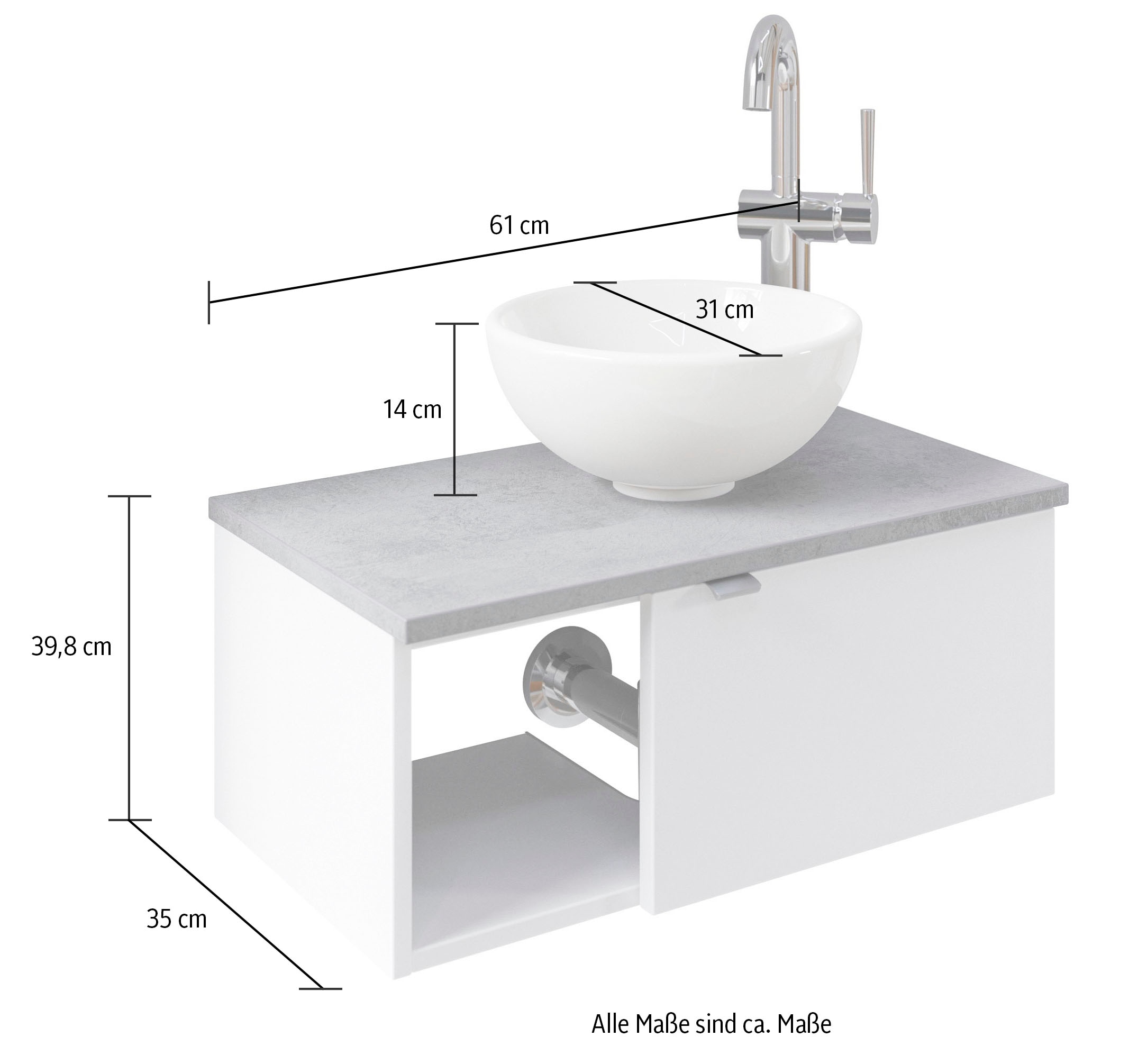 Saphir Waschtisch »Serie 6915 Waschschale mit Unterschrank für Gästebad, Gäste WC«, 61 cm breit, 1 Tür, offenes Fach, kleine Bäder, ohne Armatur