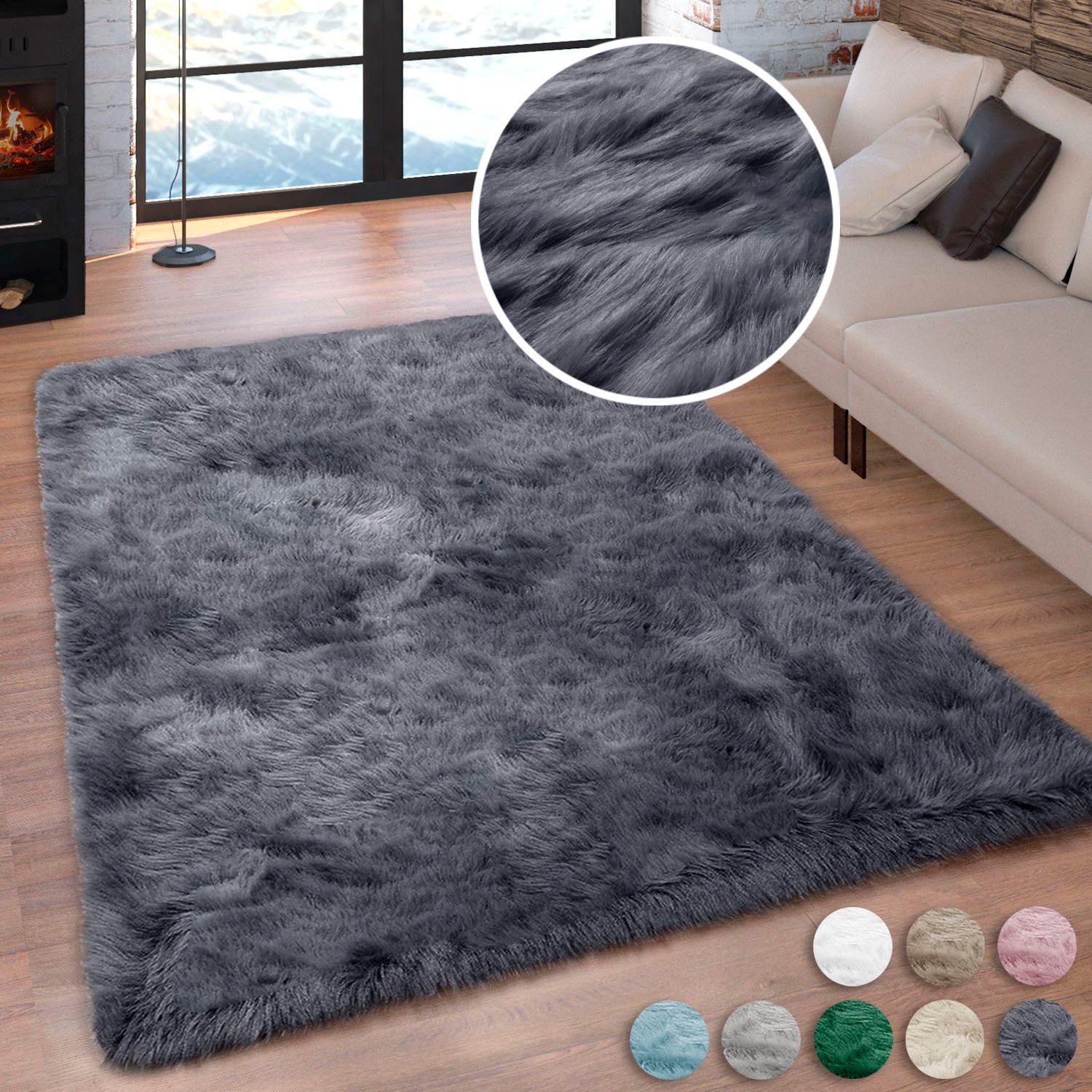Hochflor-Teppich OTTO HOME "Valeria, Fellteppich, kuschelig, flauschig" Gr. 3, grau (anthrazit), B:120cm H:60mm L:180cm, Kunstfaser, Teppiche, Kunstfell, weiche Teppiche, Wohnzimmer, Schlafzimmer, Esszimmer