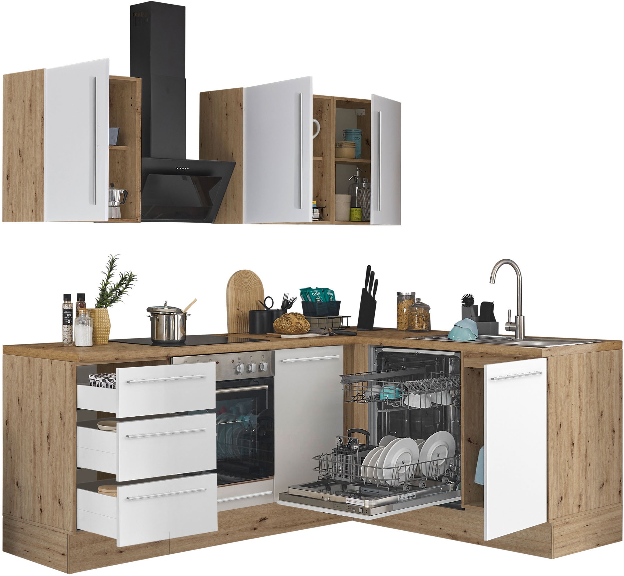 KOCHSTATION Winkelküche »Florida, Stellbreite 220x175 cm«, wahlweise mit E-Geräten, mit Softclose für Türen und Schubkästen