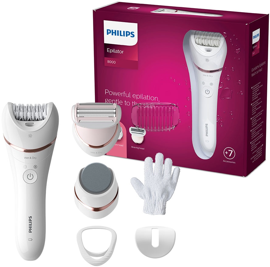 PHILIPS Damen Epilierer "Satinelle Advanced Series 8000", rosa, B:21cm H:18,5cm T:6,5cm, Epilierer, Nass- und Trockenepilierer, mit 2