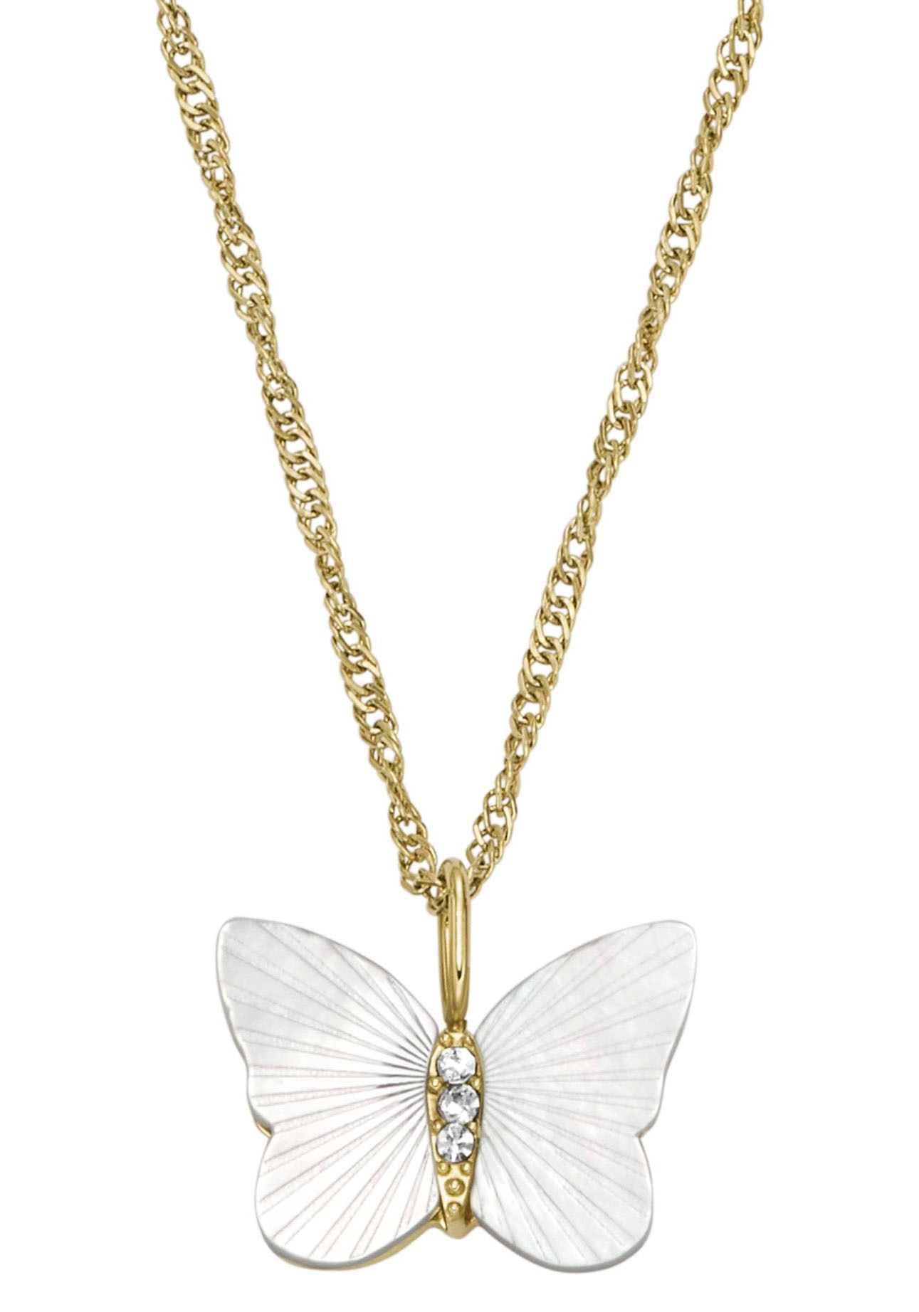 Kette mit Anhänger FOSSIL "Schmuck Geschenk Edelstahl Halskette JEWELRY Schmetterling", weiß (gelbgoldfarben, kristallweiß, perlmuttfarben), Halsketten, Damen, Edelstahl, L: 46,5, mit Zirkonia (synth.) - mit Perlmutt 2
