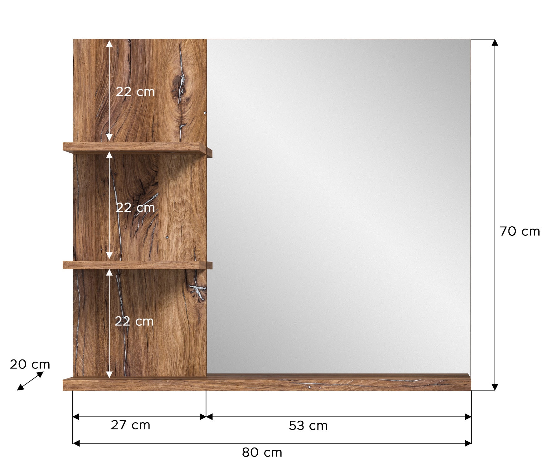 welltime Spiegel, (1 St.), Bad Möbel, Badezimmer, Badspiegel, 3 Ablageböden, Breite 80 cm