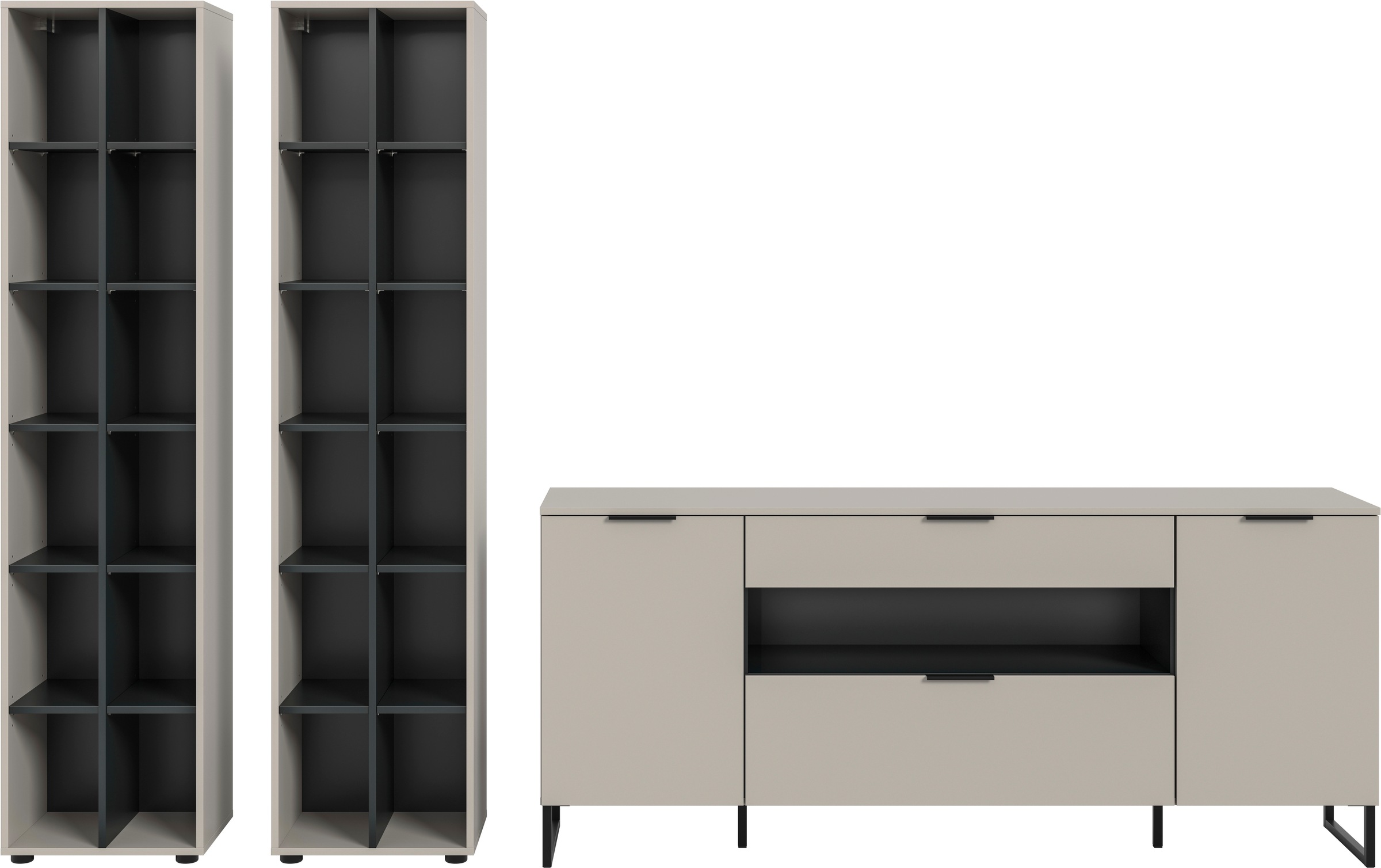 INOSIGN Wohnwand »Adio, Wohnkombination, 305 cm Breit«, (Set, 3 St.), Adio, Wohnkombination 3tlg. Kashmir NB, 2 Stauraumregale, Sideboard