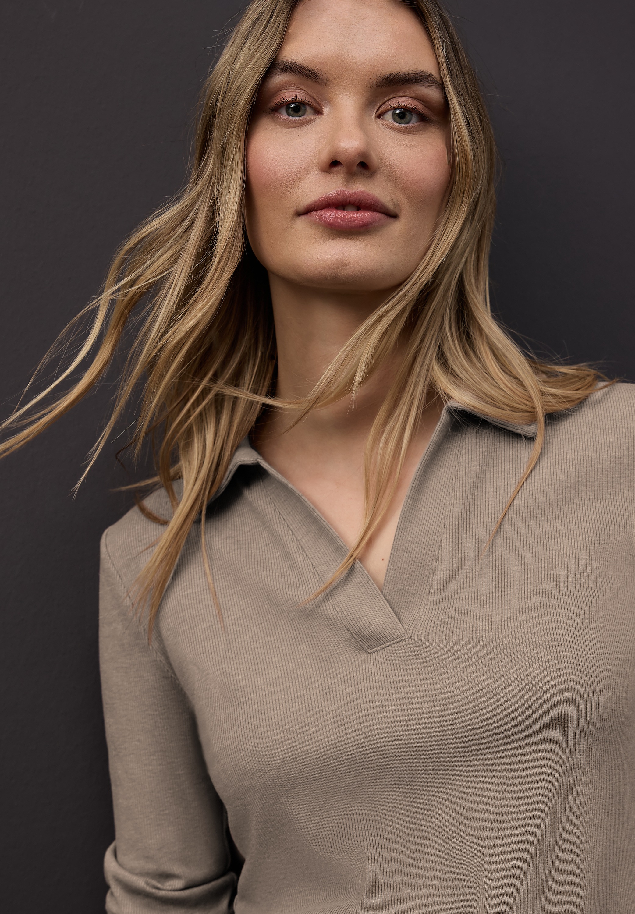 STREET ONE Langarm-Poloshirt in Melange-Optik und mit Ripp-Struktur