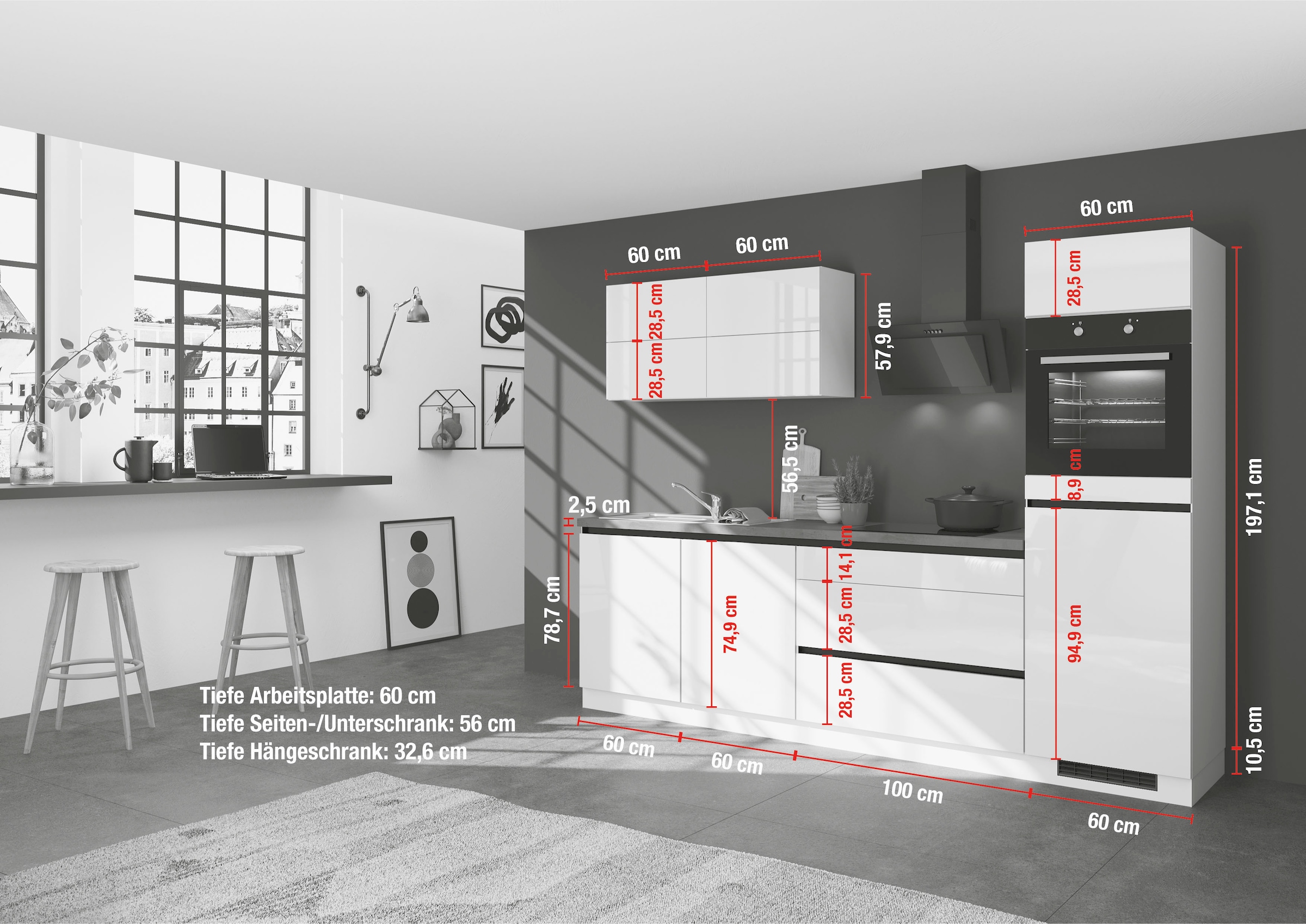 IMPULS KÜCHEN Küchenzeile »"Hamburg", Ausrichtung wählbar, Schubkästen mit Soft-Close,«, vormontiert,wahlweise mit E-Geräten, Breite 280 cm