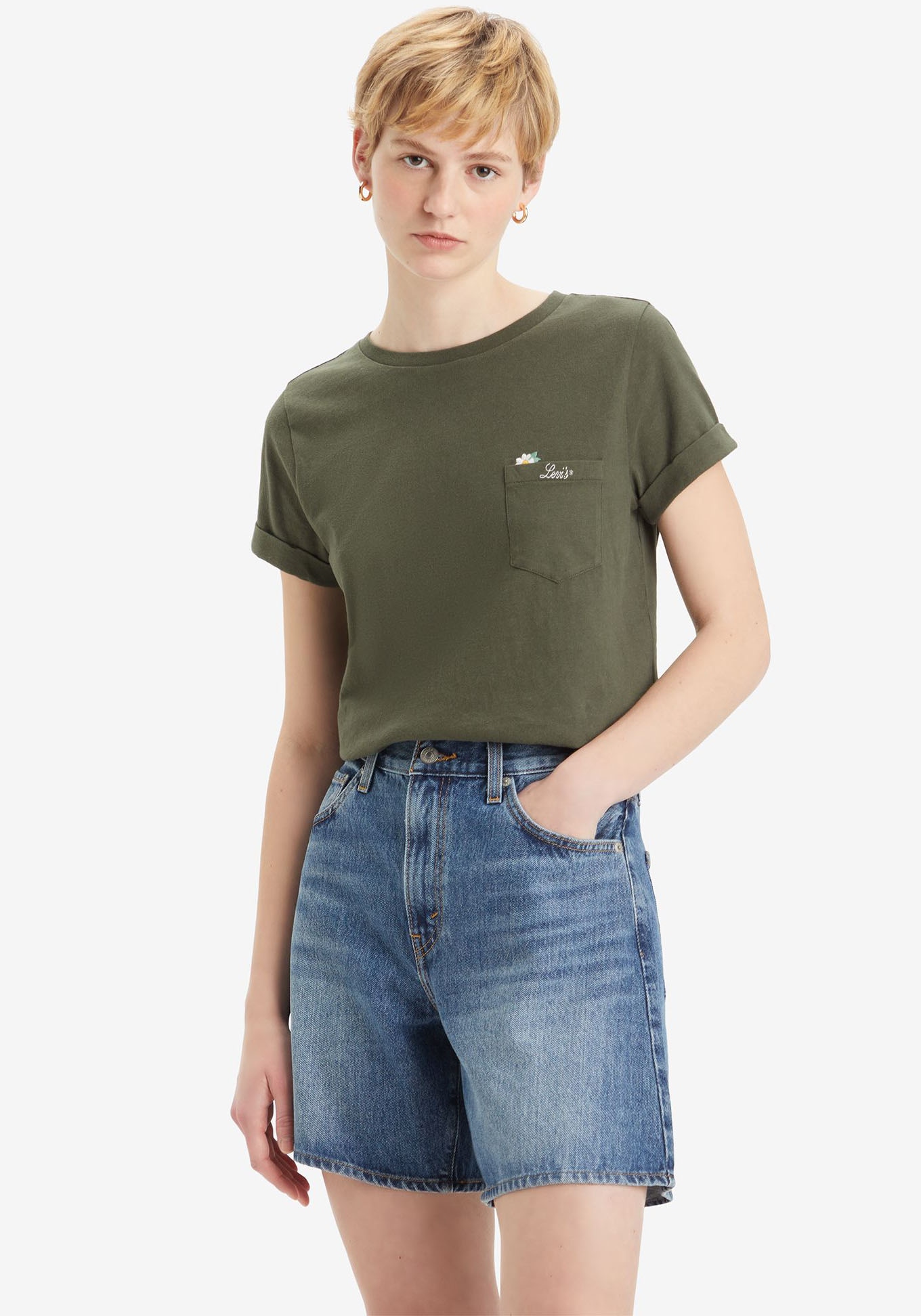 T-Shirt »MARGOT POCKET TEE«, mit Brusttasche mit Blumen- und Logostickerei