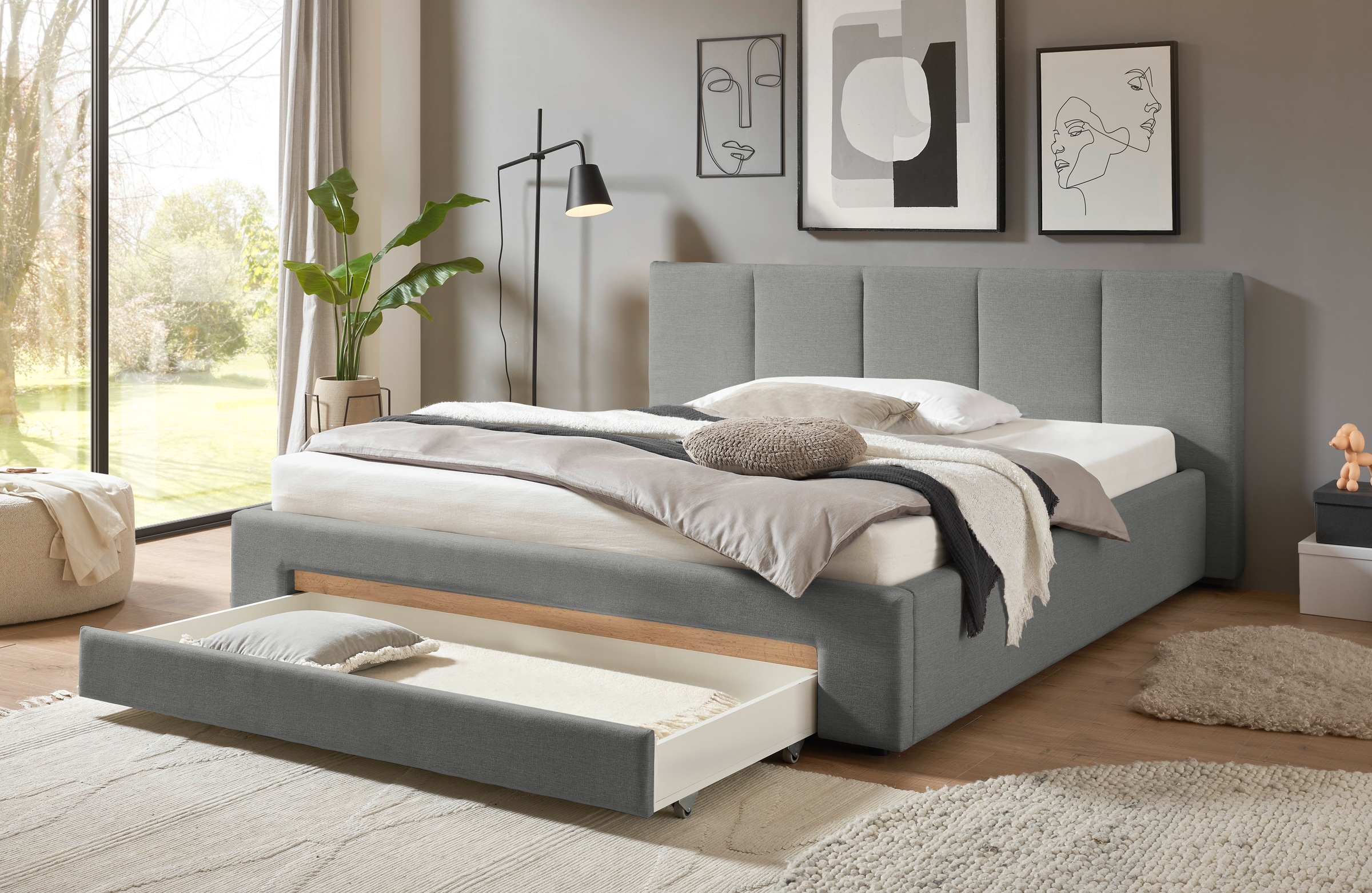 INOSIGN Polsterbett »CiTY/GiRON, Bettgestell mit Bettkasten, gepolstertes Stauraumbett«, mit Hundebett oder Stauraumschublade, Bezug Cord-oder Leinenoptik
