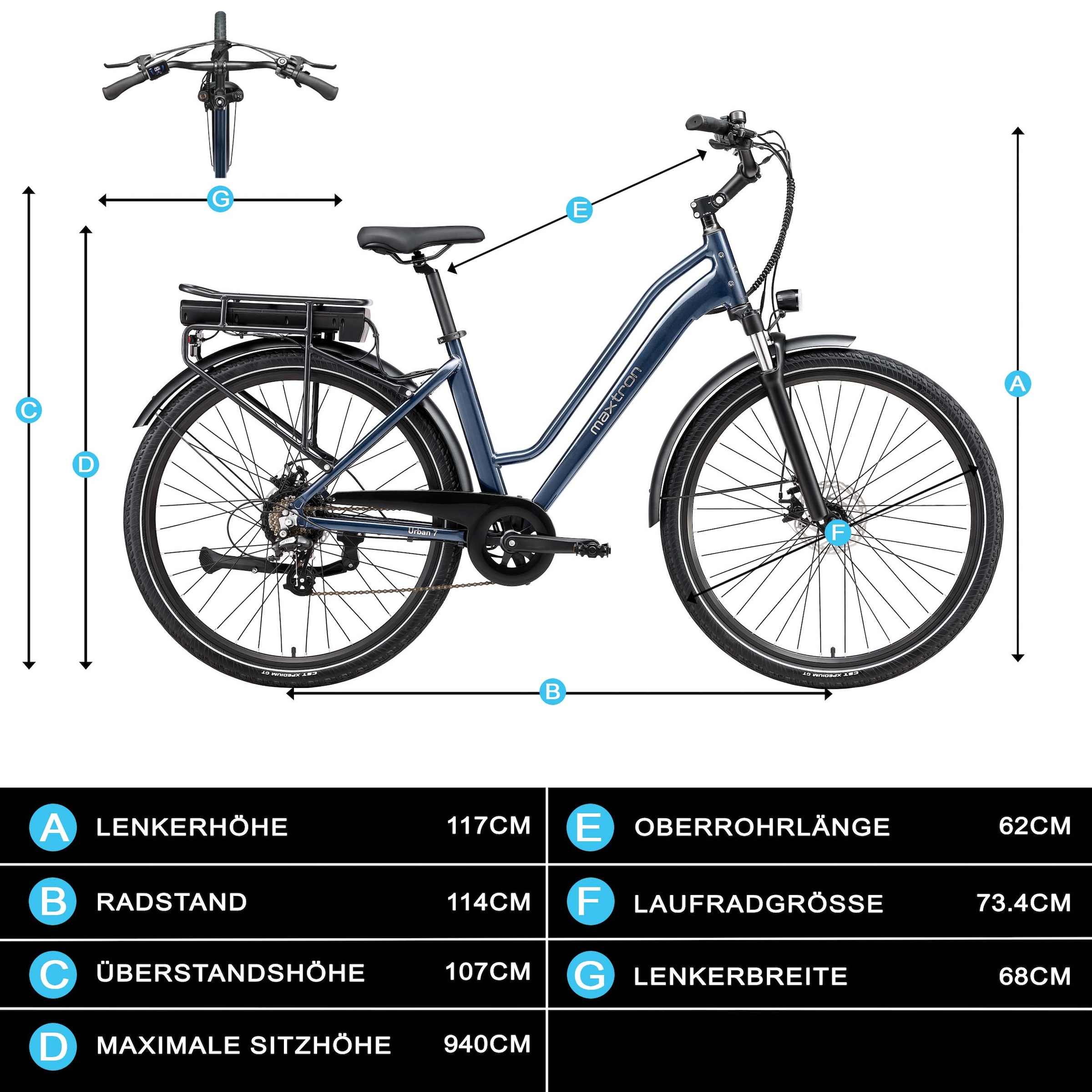 Maxtron »Maxtron Urban 7 E-Citybike 28 Zoll« 7 Gang Shimano Altus Schaltwerk Kettenschaltung Heckmotor 250 W Packung,  Tiefeinsteiger für Damen