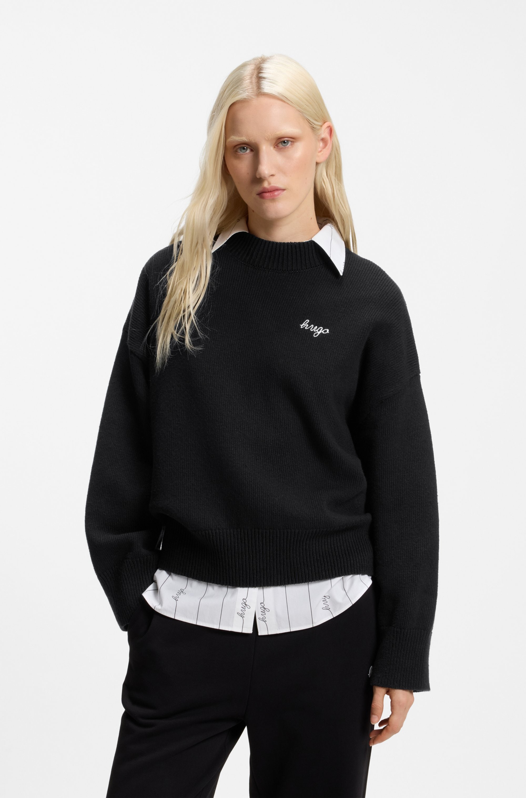HUGO Strickpullover »Shenny« mit Stehkragen, Oversize Fit, Stickerei