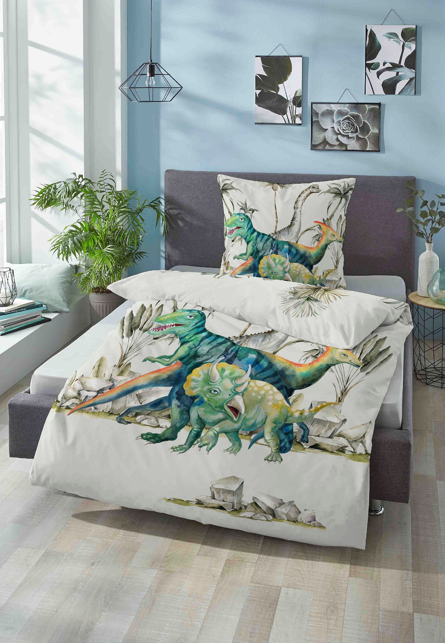 Biberna Kinderbettwäsche "Dinos" 2 Stk. tlg. 135/200+80/80 cm, atmungsaktiv günstig online kaufen
