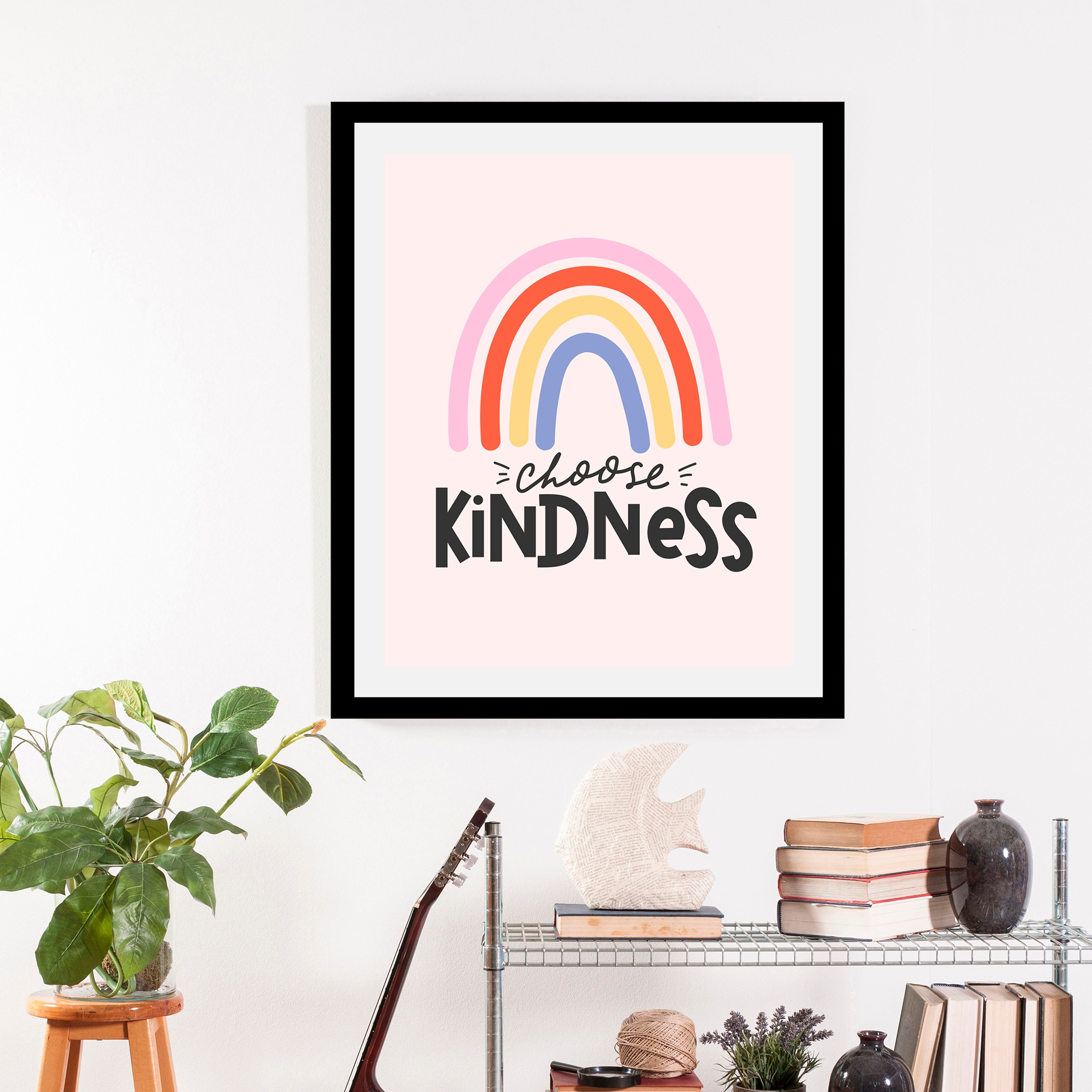 queence Bild »Choose Kindness«, Schriftzüge-Regenbogen-Motivationsbilder-Kunst, (1 St.), HD Premium Poster-Druck inkl. Holzrahmen