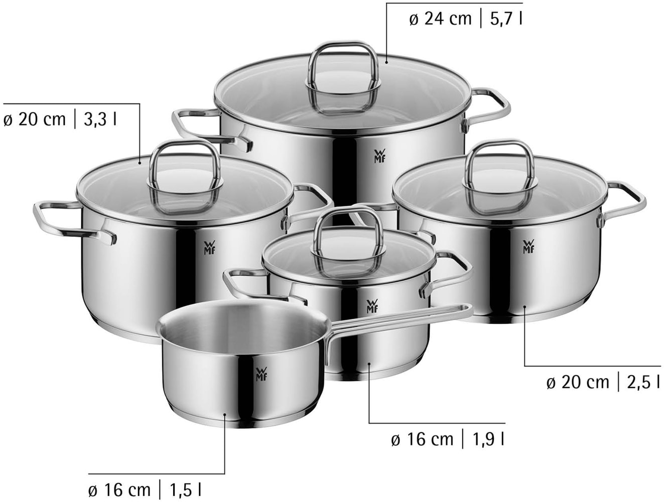 WMF Topf-Set »Inspiration Induktion, Kochtopf Set mit Glasdeckel« Set, Bratentopf Ø 20cm, 3x Fleischtopf Ø 16/20/24cm, Stielkasserolle Ø 16cm, 9 Stk. tlg. Cromargan® Edelstahl Rostfrei 18/10