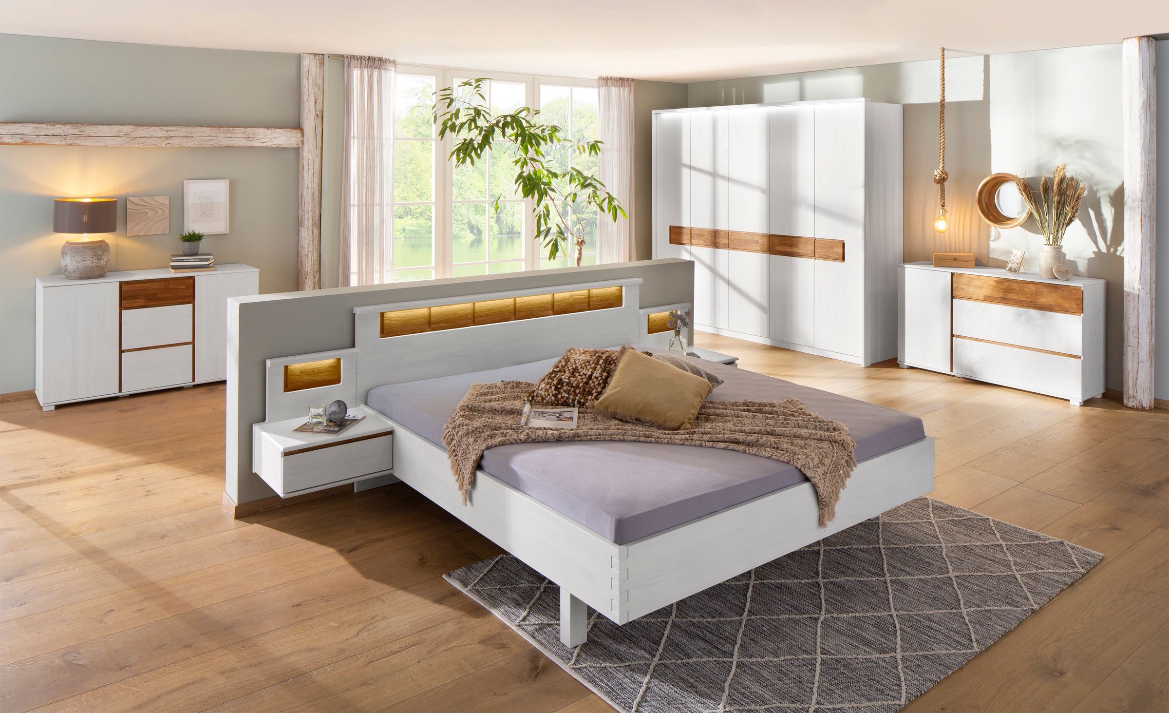 Home affaire Bett »Armanda«, Bett „Armanda“ und 2 Nachttischen, Kopfteilpaneel mit integrierter LED-Beleuchtung