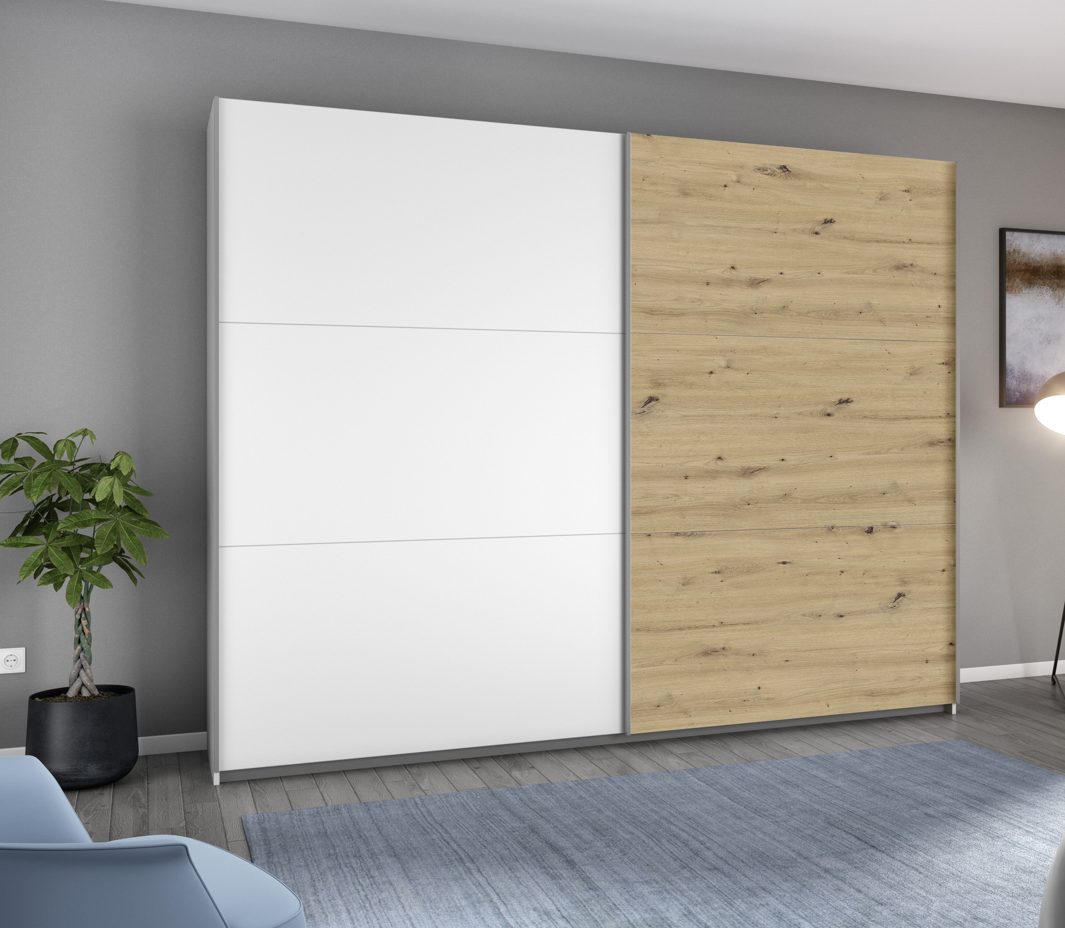 rauch Schwebetürenschrank "AURELIO Kleiderschrank Garderobe" 3 Ausstattungen BASIC/CLASSIC/PREMIUM (inkl. SOFT-CLOSE-FUNKTION), 3 verschiedene Ausstattungsvarianten Griffe aus Metall MADE IN GERMANY