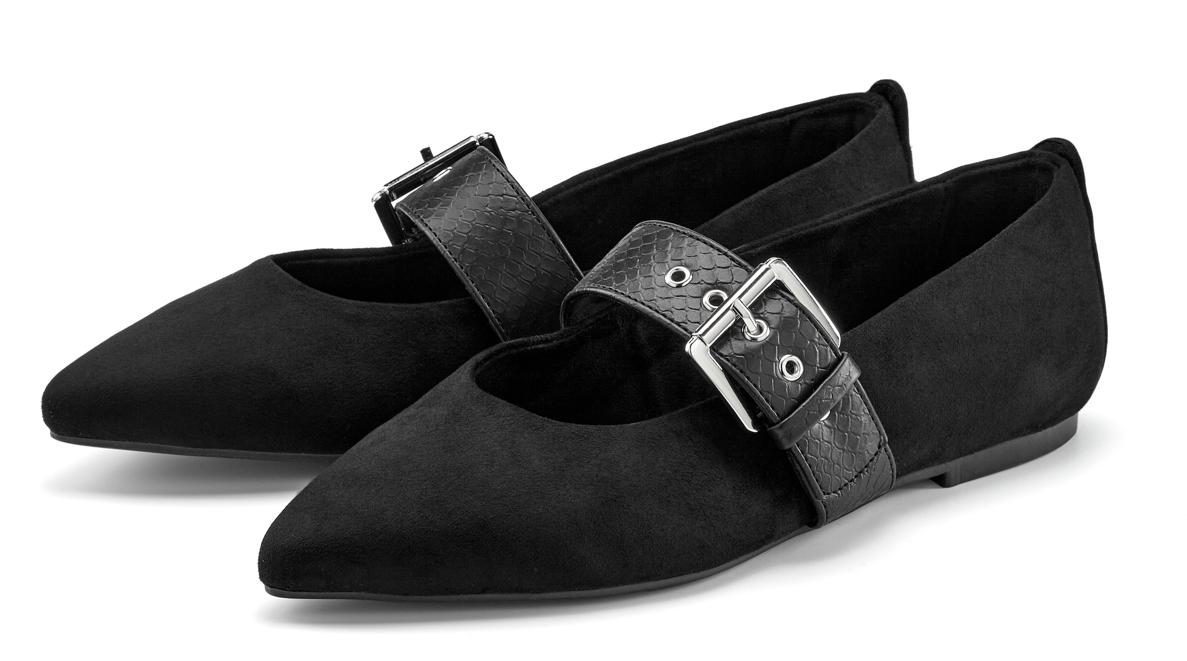 French Connection Mary-Jane-Schuhe »Spangenschuh, Flacher Halbschuh, Riemchenballerina, Schlupfschuh«  mit feiner Velours-Optik, spitzer Zehenkappe und silberner Schnalle