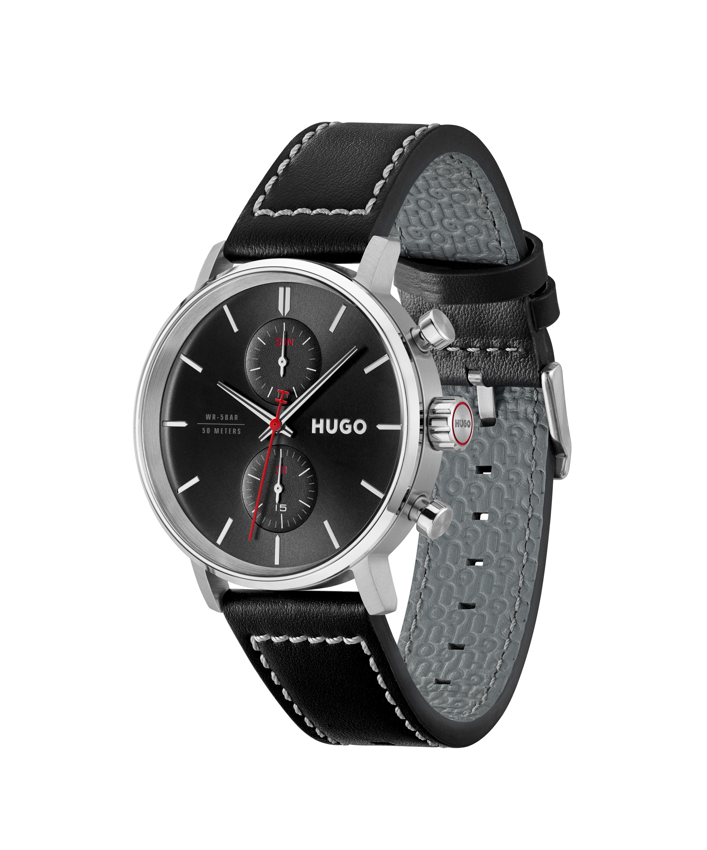 HUGO Multifunktionsuhr »#TAKEOFF« Quarzuhr, Armbanduhr, Herrenuhr, Lederarmband, analog