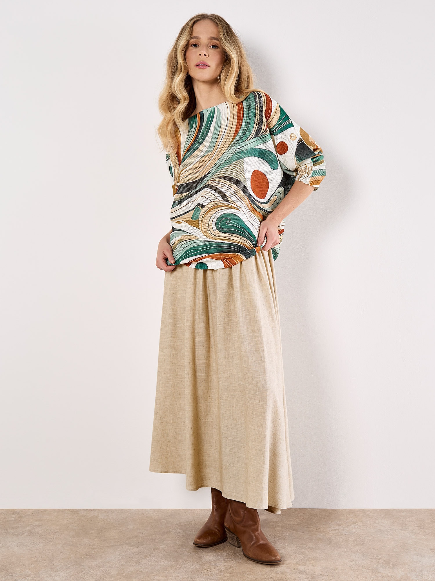 Apricot Blusentop »Schimmerndes Stricktop mit Swirl-Print« mit Fledermausärmeln