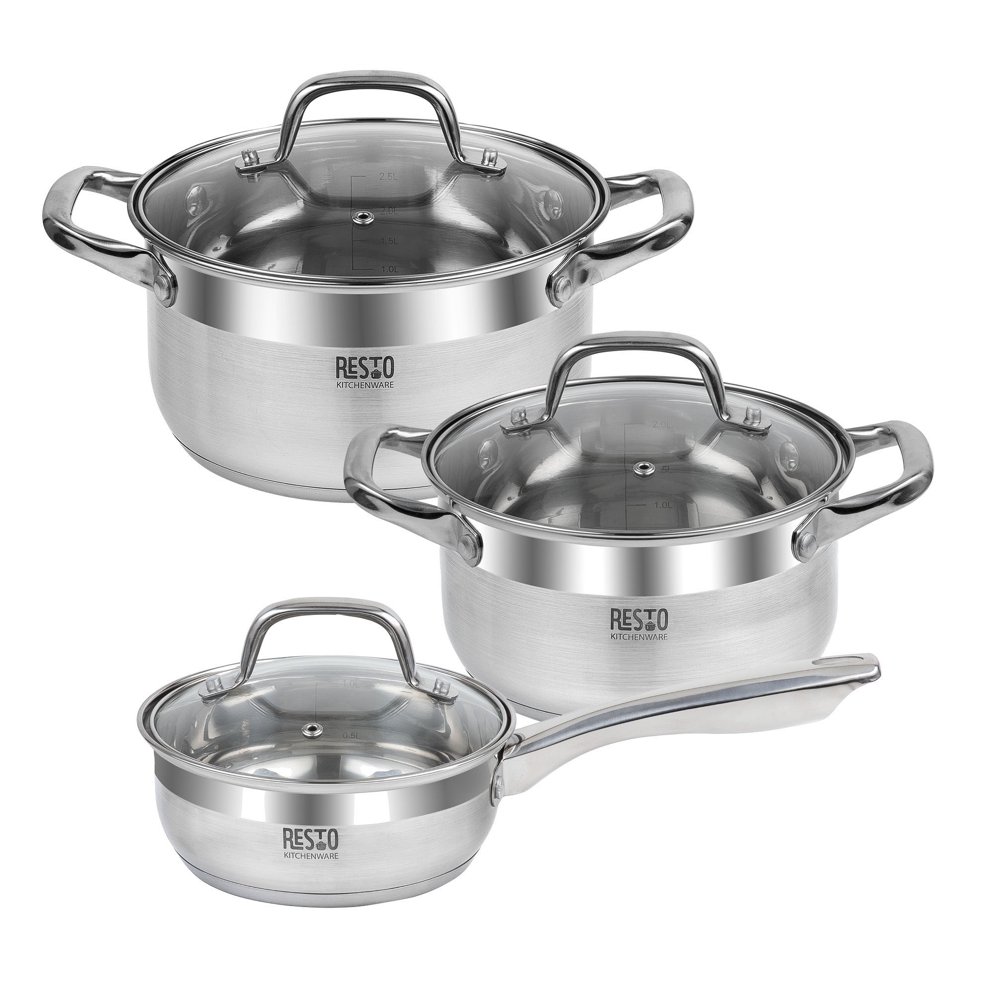 RESTO Kitchenware Topf-Set "LIBRA, spülmaschinengeeignet" Set, 1x Soßentopf Ø 16 cm mit Deckel, je 2x Kochtopf Ø 18/20 cm mit Deckel, 6 tlg. Edelstahl 18/10