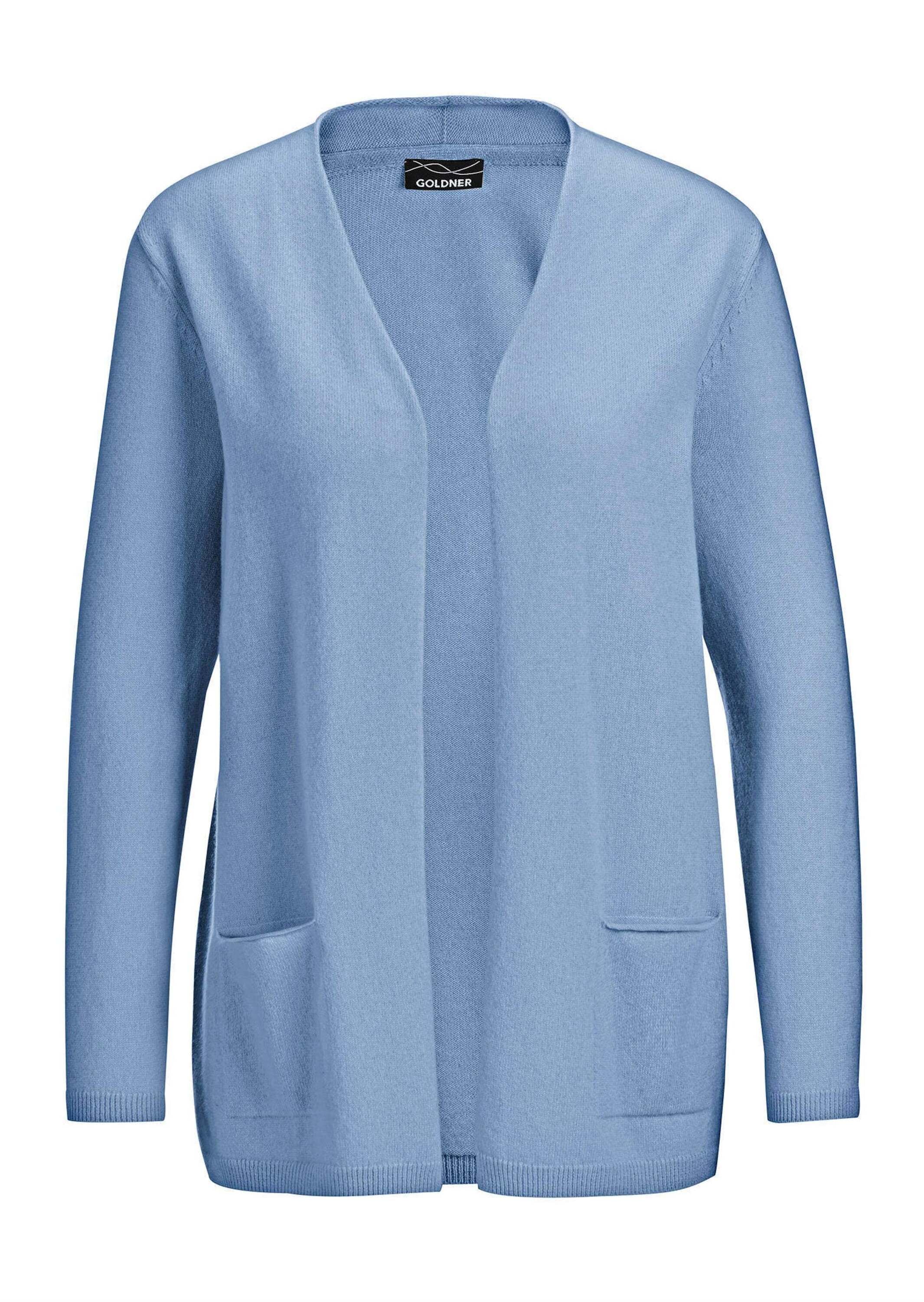 Strickjacke GOLDNER "Kurzgröße Cardigan in langer offener Form", Damen, Gr. 19, blau, Obermaterial: 100% Kaschmir WS., figurumspielend, Rippe, Pullover Strickjacke, Aufwendig in Form gestrickt