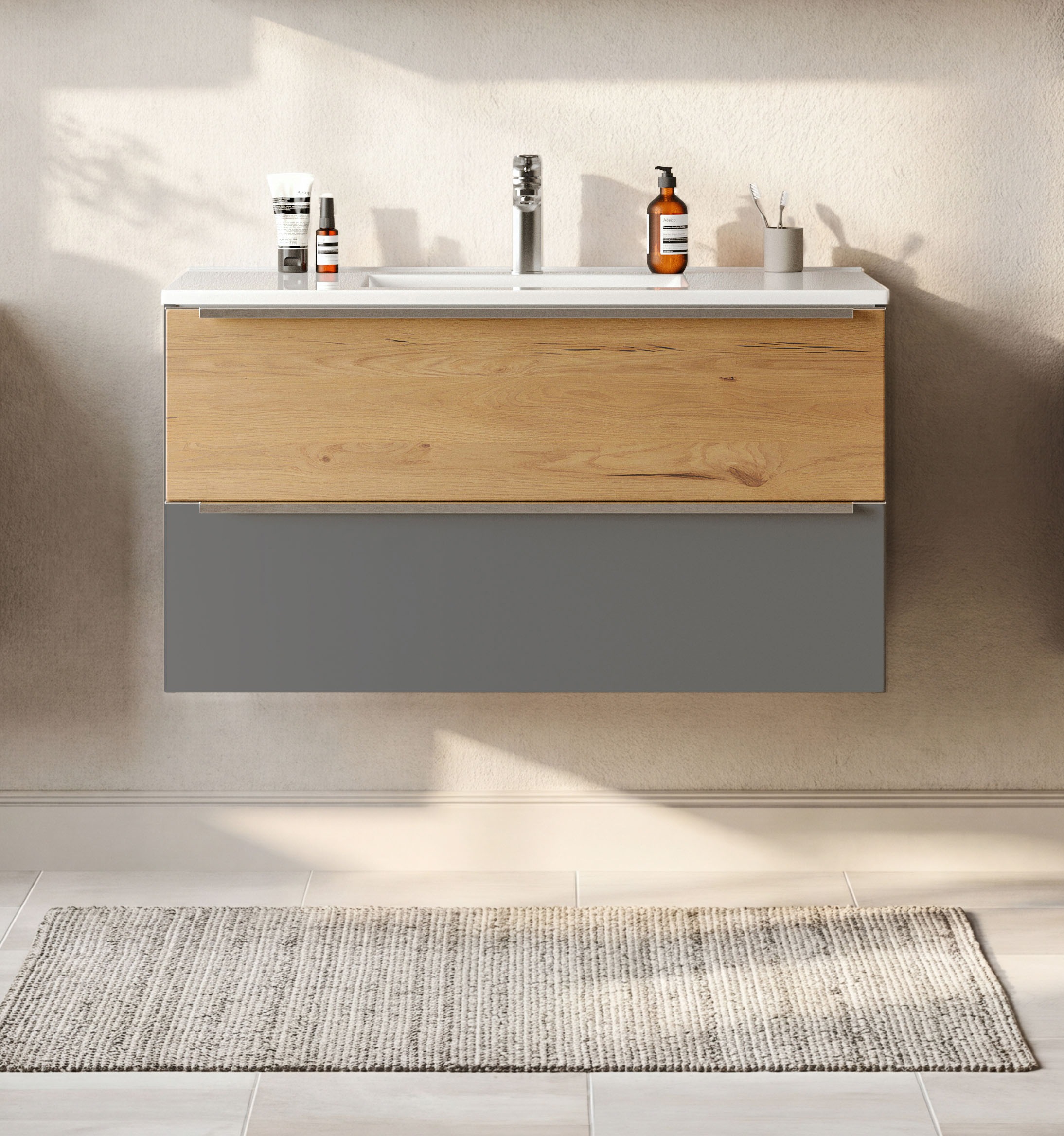 welltime Waschtisch "TRIENT, Softclose-Auszüge, Mineralgussbecken" matt onyx-grey/wildeiche, Mineralgussbecken
