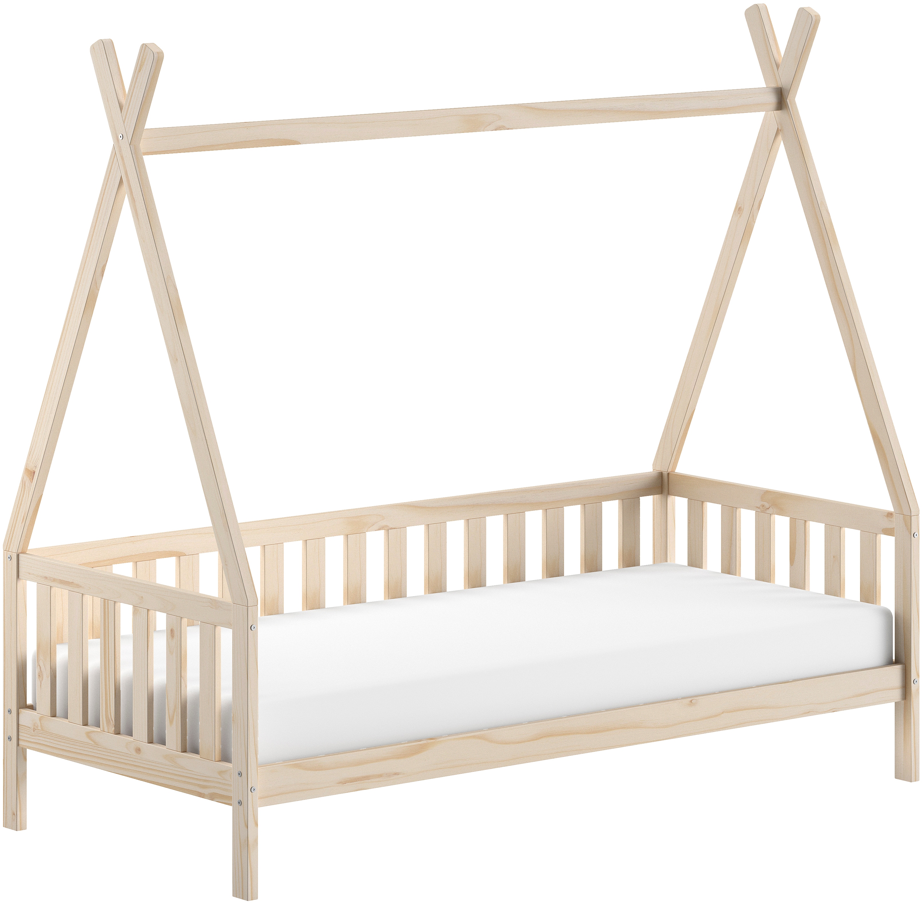Vipack Massivholzbett "mit Tipi Dach, seitlich und hinten mit Sprossenumrandung" Liegefläche 90/200 cm inkl. Massivholz Rollattenrost, Korpus aus massiver Kiefer, natur lackiert