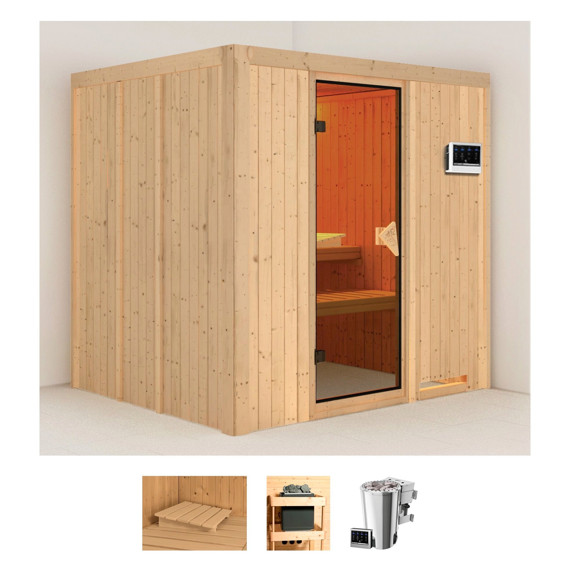 Sauna »Dima«, (Set), 3,6-kW-Bio-Plug & Play Ofen mit externer Steuerung