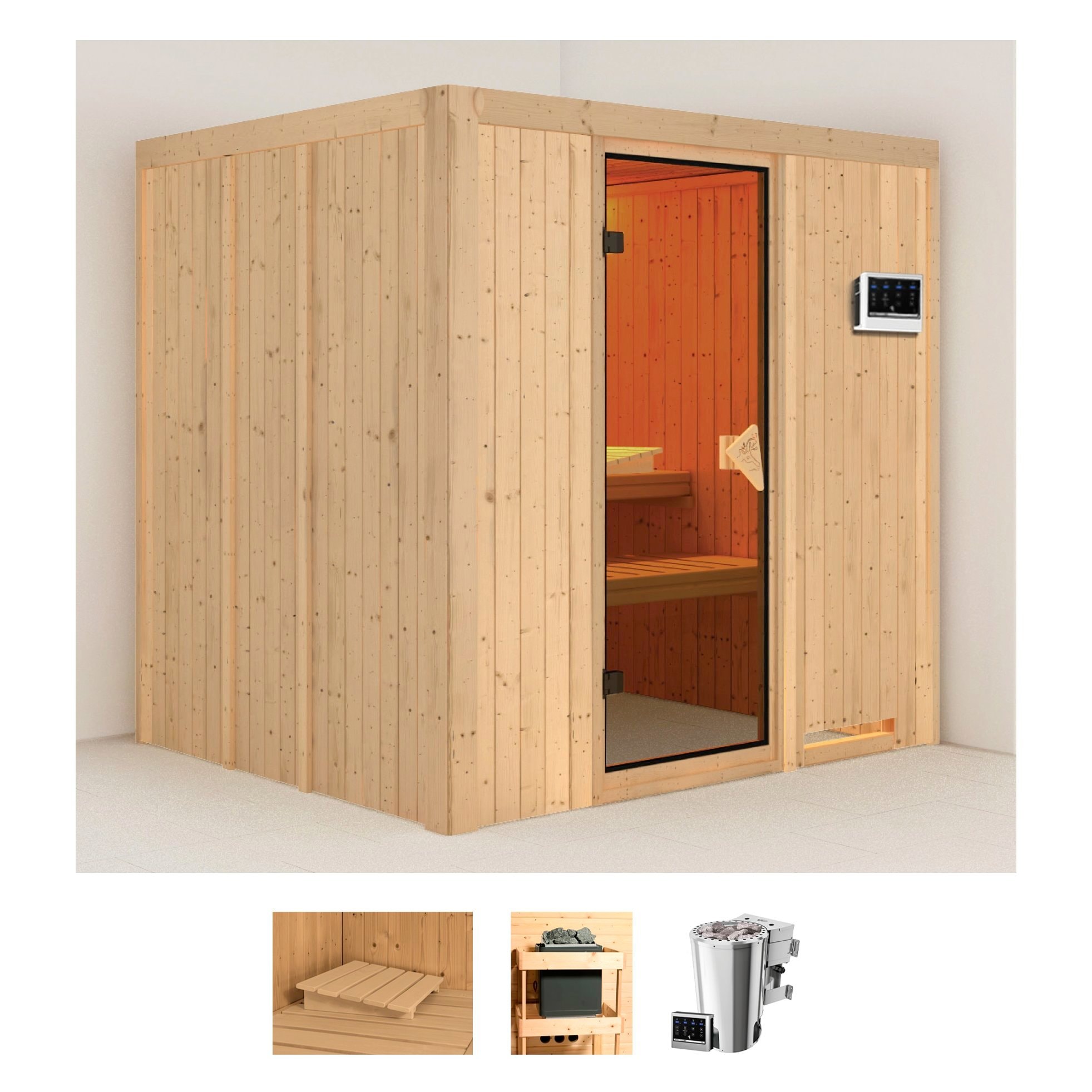 KARIBU Sauna "Dima", Bio-Kombiofen, externe Steuerung, 3,6 kW, beige, Saunen, Ofen 3,6 kW Bio-Ofen externe Strg. easy