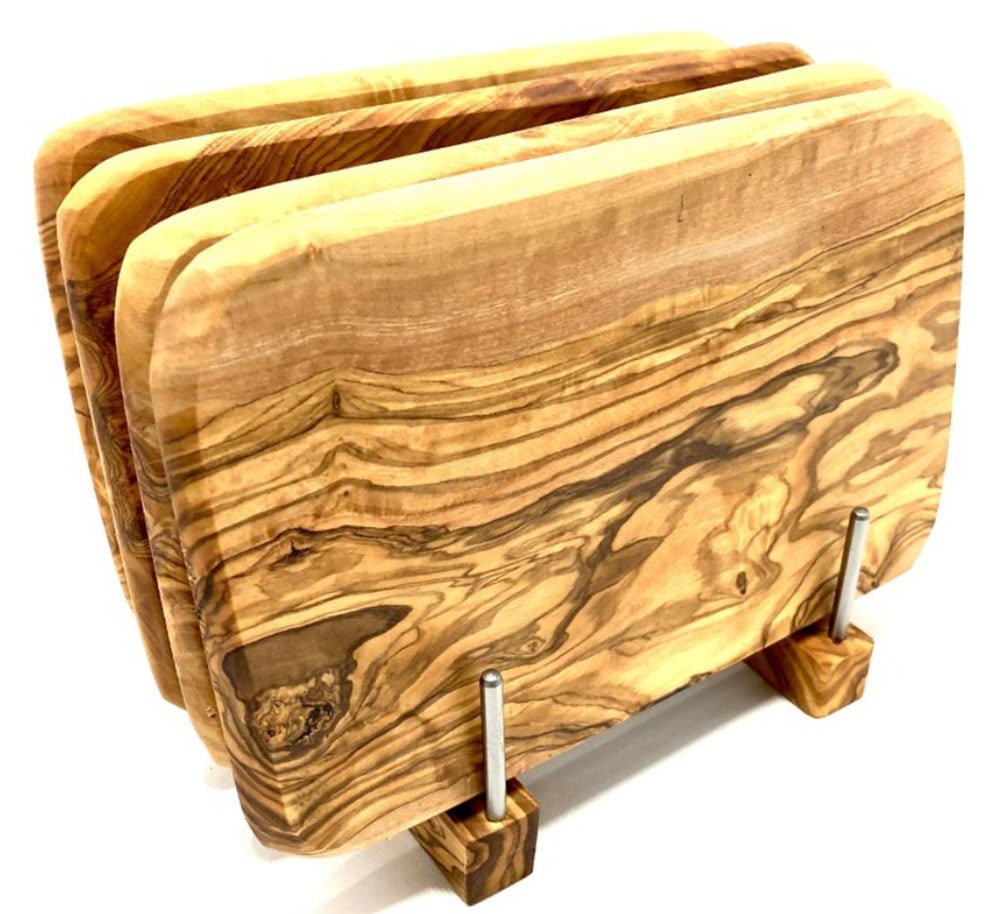 Olivenholz-erleben Frühstücksbrett »Bretterständer inkl. 4 Frühstücksbretter Olivenholz 22 x 14 cm«, (Set, 5 St., 1x Bretterhalter, 4 Frühstücksbretter, plus Überraschung), platzsparende Aufbewahrung für bis zu 4 Brettchen an einem Ort