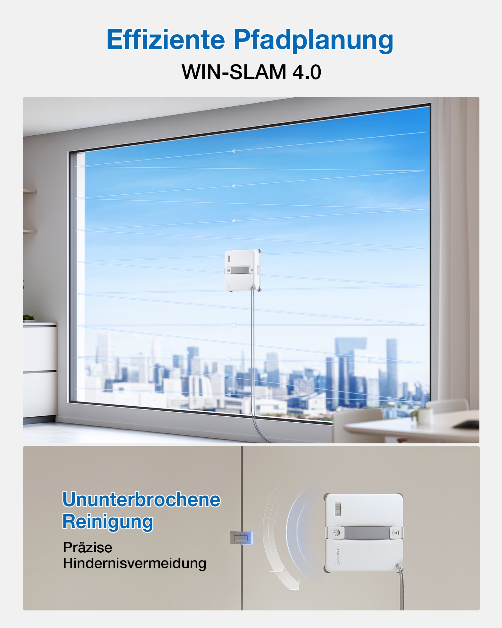 ECOVACS Fensterputzroboter »WINBOT Mini 2, inkl. Reinungslösung 230ml« 50ml Wassertank, Bürsten an allen Ecken, 3,5m Kabel