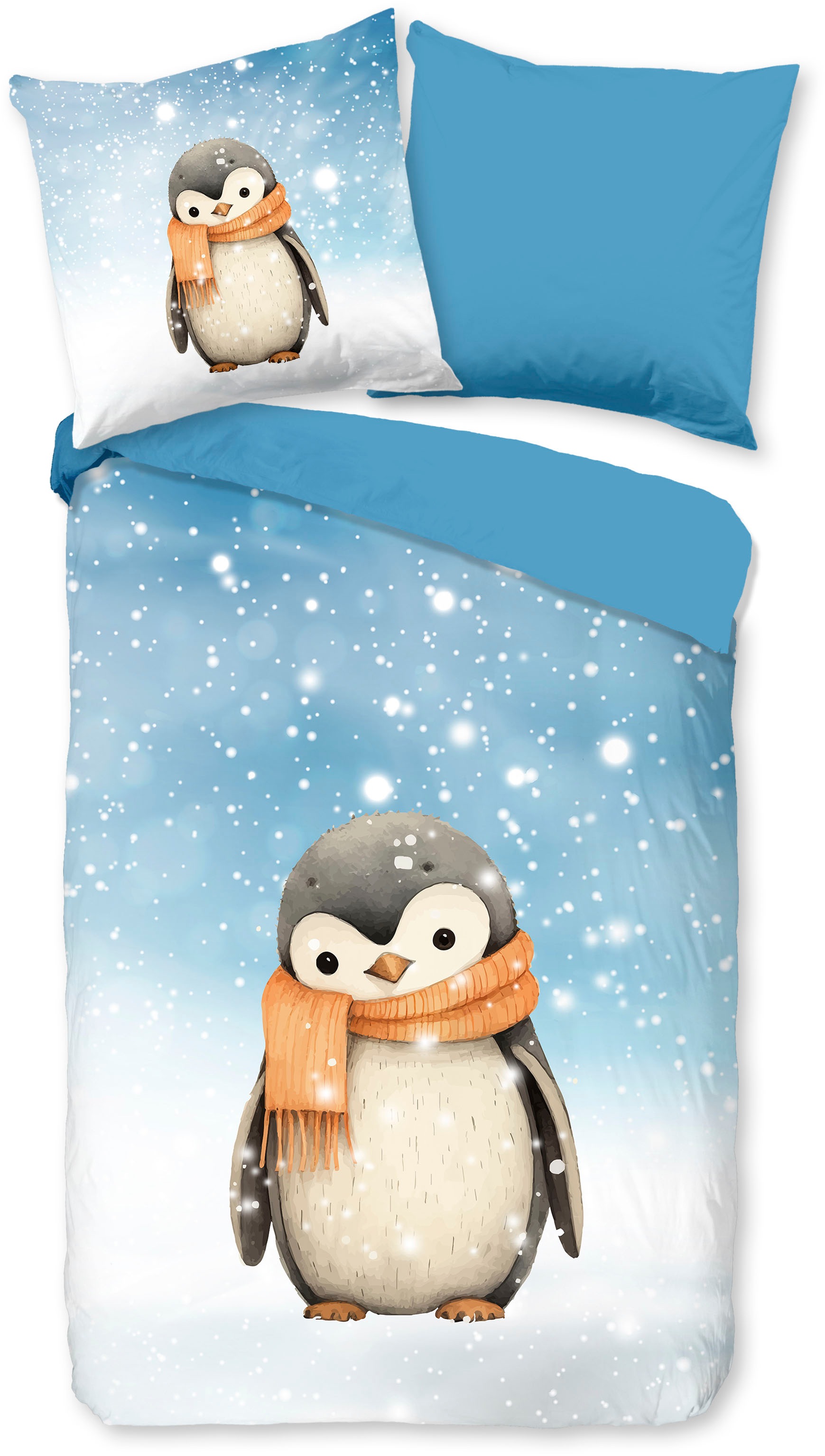 good morning Kinderbettwäsche "Pingi", Flanell, Biber, 135x200, Winter, Warm, Wende, Kind, Pinguin, Schnee