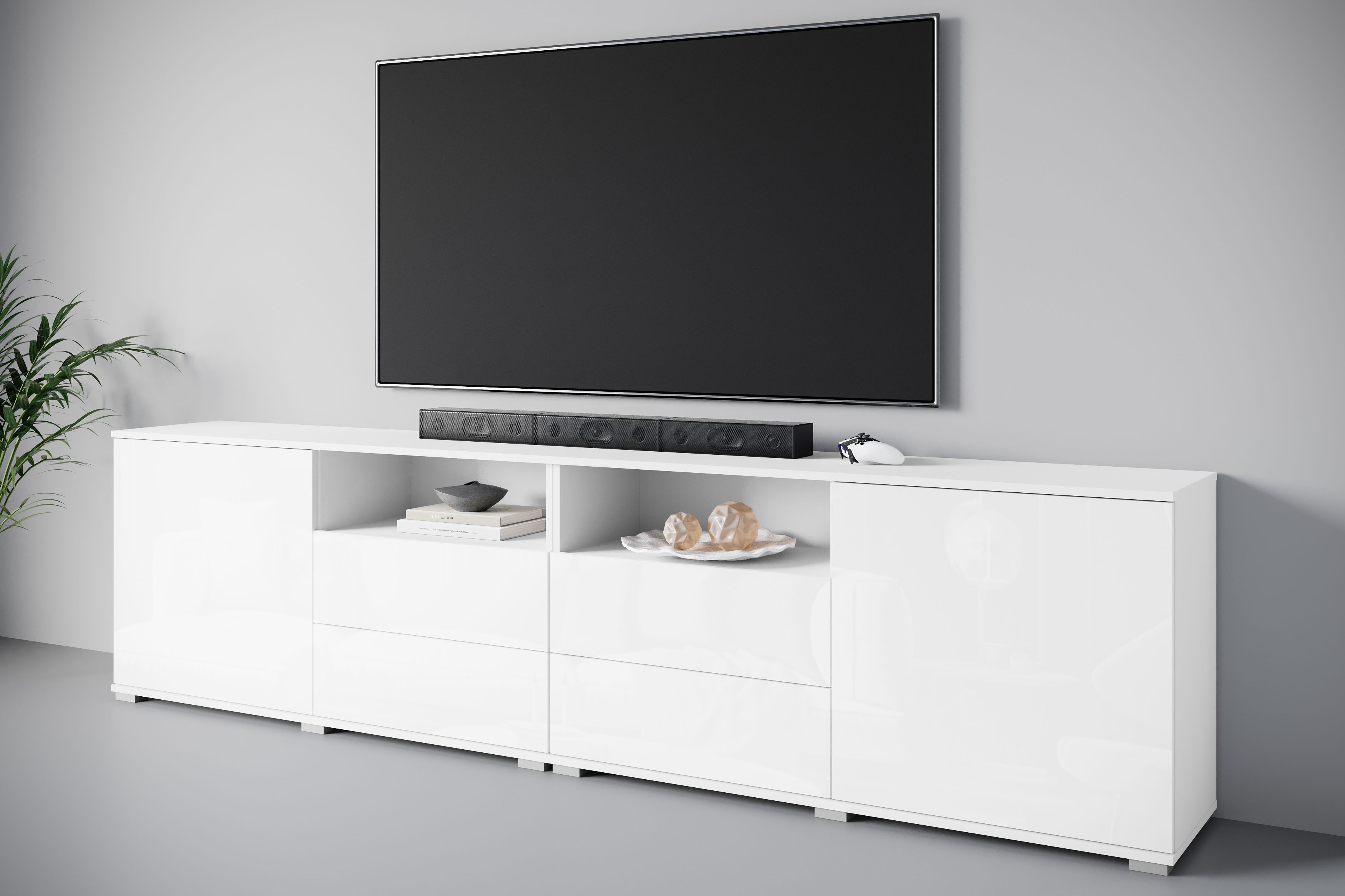 OTTO home Lowboard "Kenia, TV-Schrank, 240 cm breit, mit 2 Türen und 4 Schubladen" 1 Stk. tlg. Höhenverstellbare Einlegeböden und offene Ablagefächer