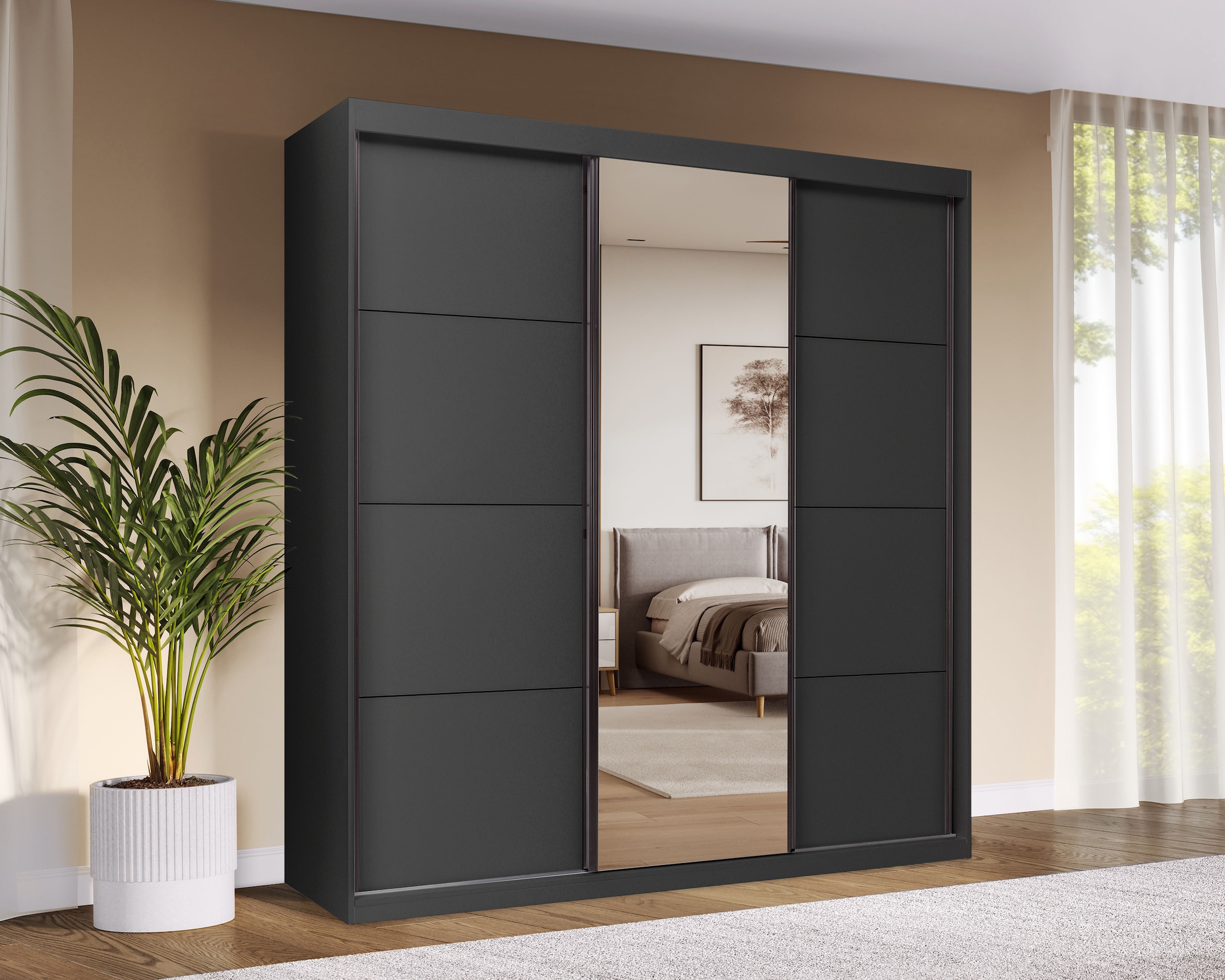 OTTO home Schwebetürenschrank »Tonara Schrank, Kleiderschrank 2,00m Breite, Schiebetürenschrank« Schrank mit leichtgängiger Schiebetür, in 4 Farben , Top Ausstattung,  inklusive Spiegeltür, 2 Kleiderstangen & 4 Schubkastenauszügen