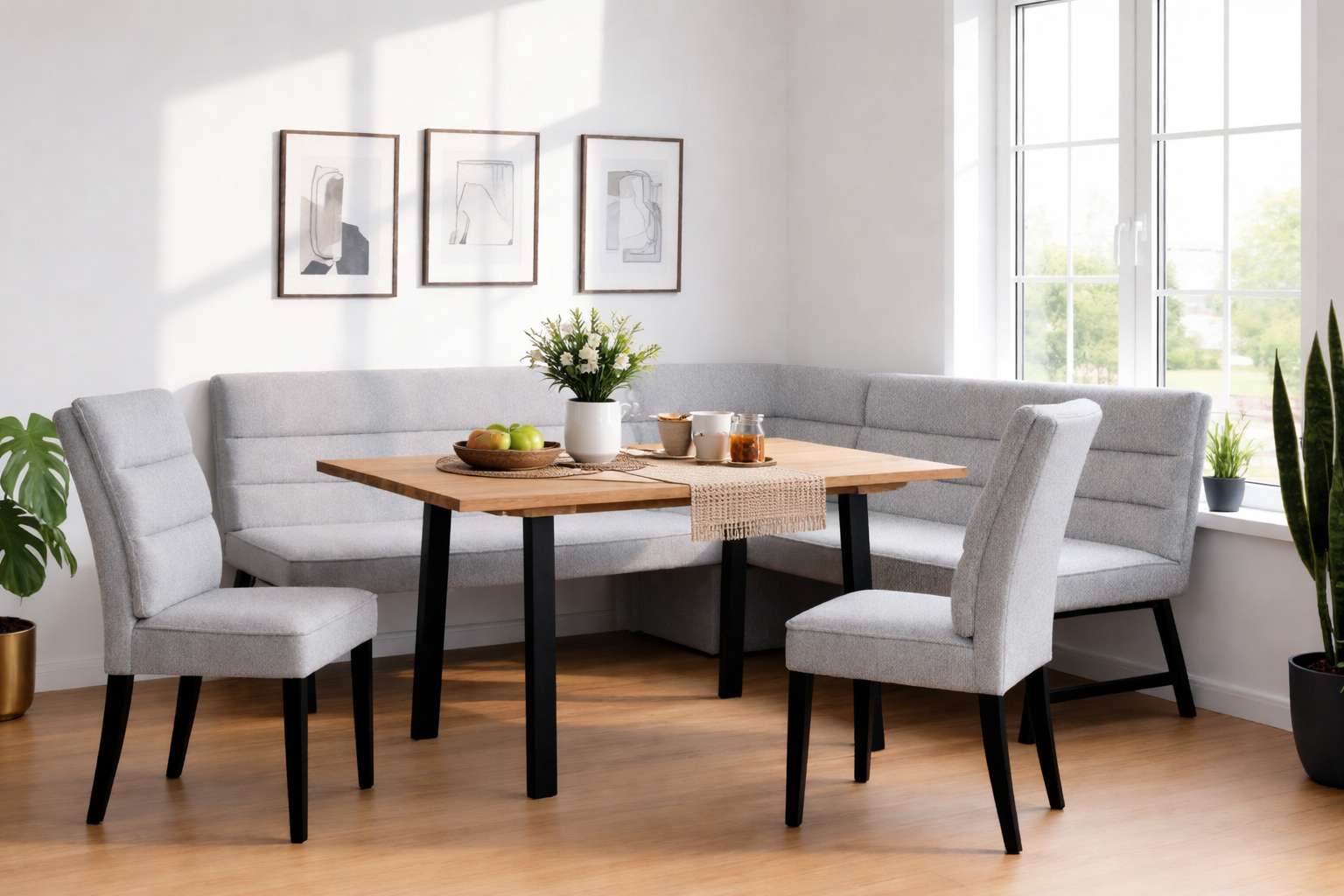 OTTO home Eckbankgruppe "Oregon Essecke, Sitzgruppe, Küchenbankgruppe" Set, 4er, 4 tlg. Eckbank mit Metallfüßen, Esstisch in Eiche massiv