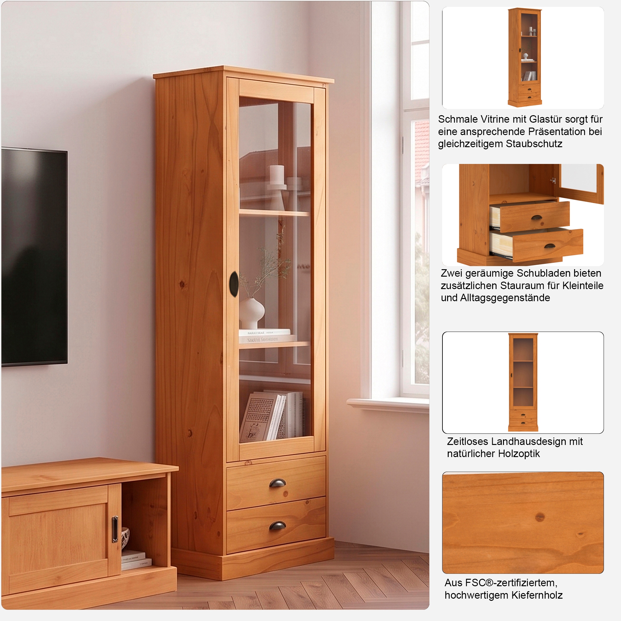 OTTO home Vitrine »Schröder« mit 1 Schiebetür, 2 Schubkästen, aus massivem Kiefernholz, Breite 55cm