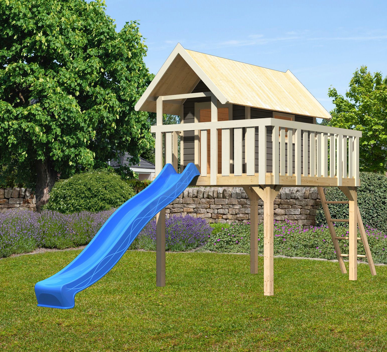 AKUBI Kinder Spielturm "Fidel", grau, Holzwerkstoff, B:198cm H:329,5cm T:243cm, Spieltürme, BxTxH: 198x243x330 cm, mit Rutsche in blau