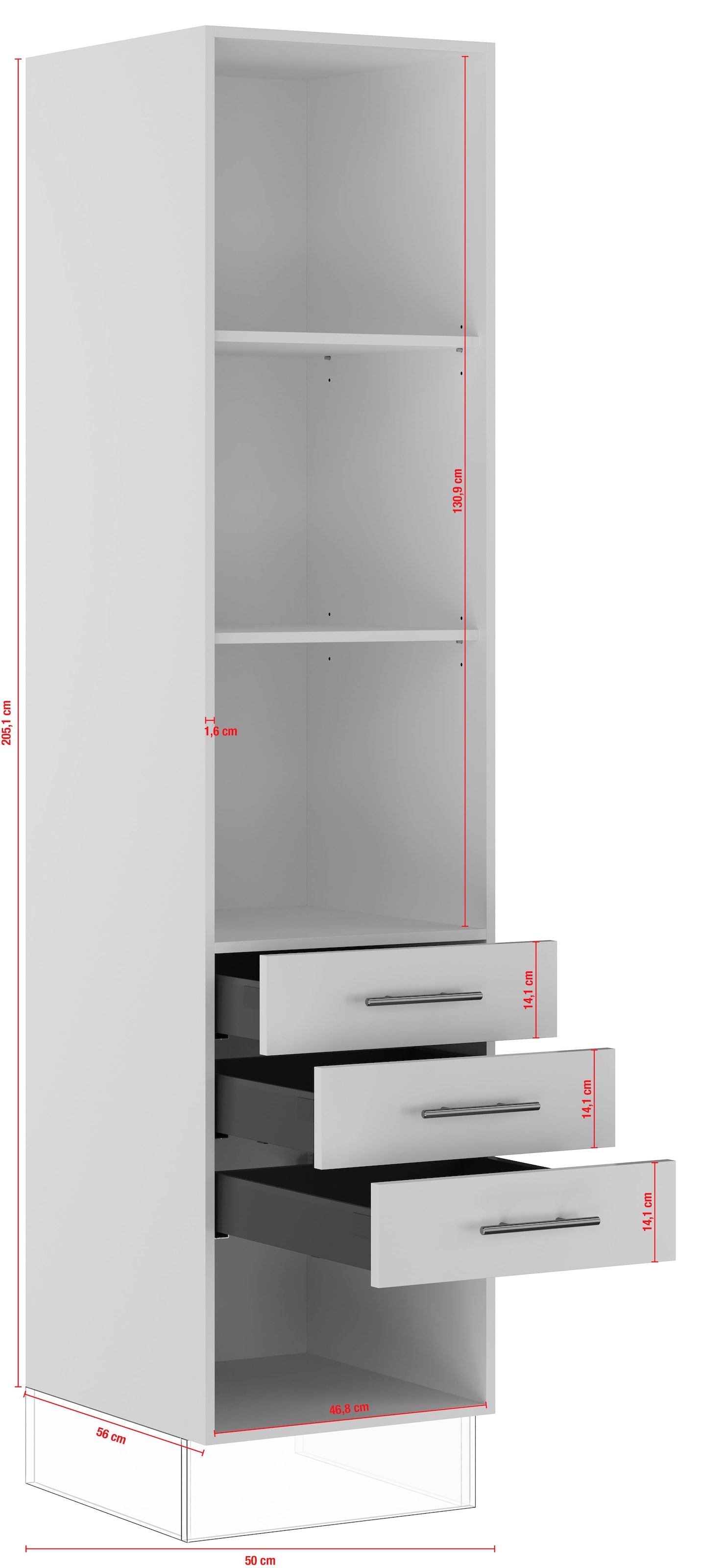IMPULS KÜCHEN Seitenschrank »"Turin", Breite/Höhe: 50/205,1 cm, mit Soft-Close«, vormontiert, mit Schubkästen, mit verstellbaren Fachböden