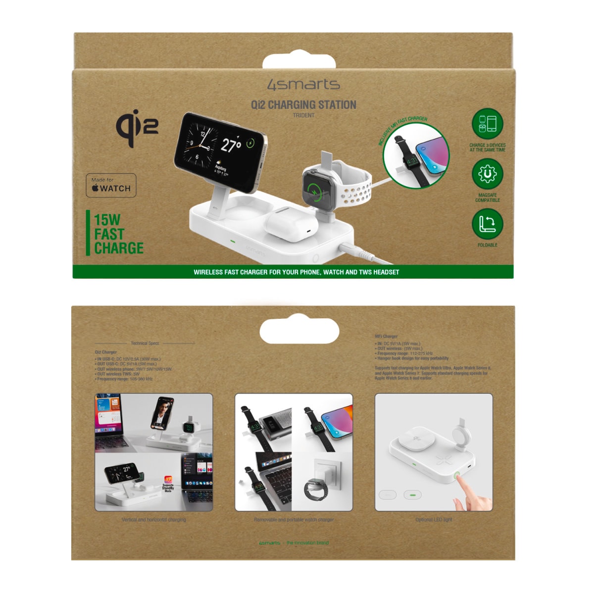 4smarts Wireless Charger »Qi2 Ladestation Trident mit MFi Fast Charger«, für Apple iPhone, Watch 1/2/3/4/5/6/7/8/9/SE, Ultra, Ultra 2 und iPods
