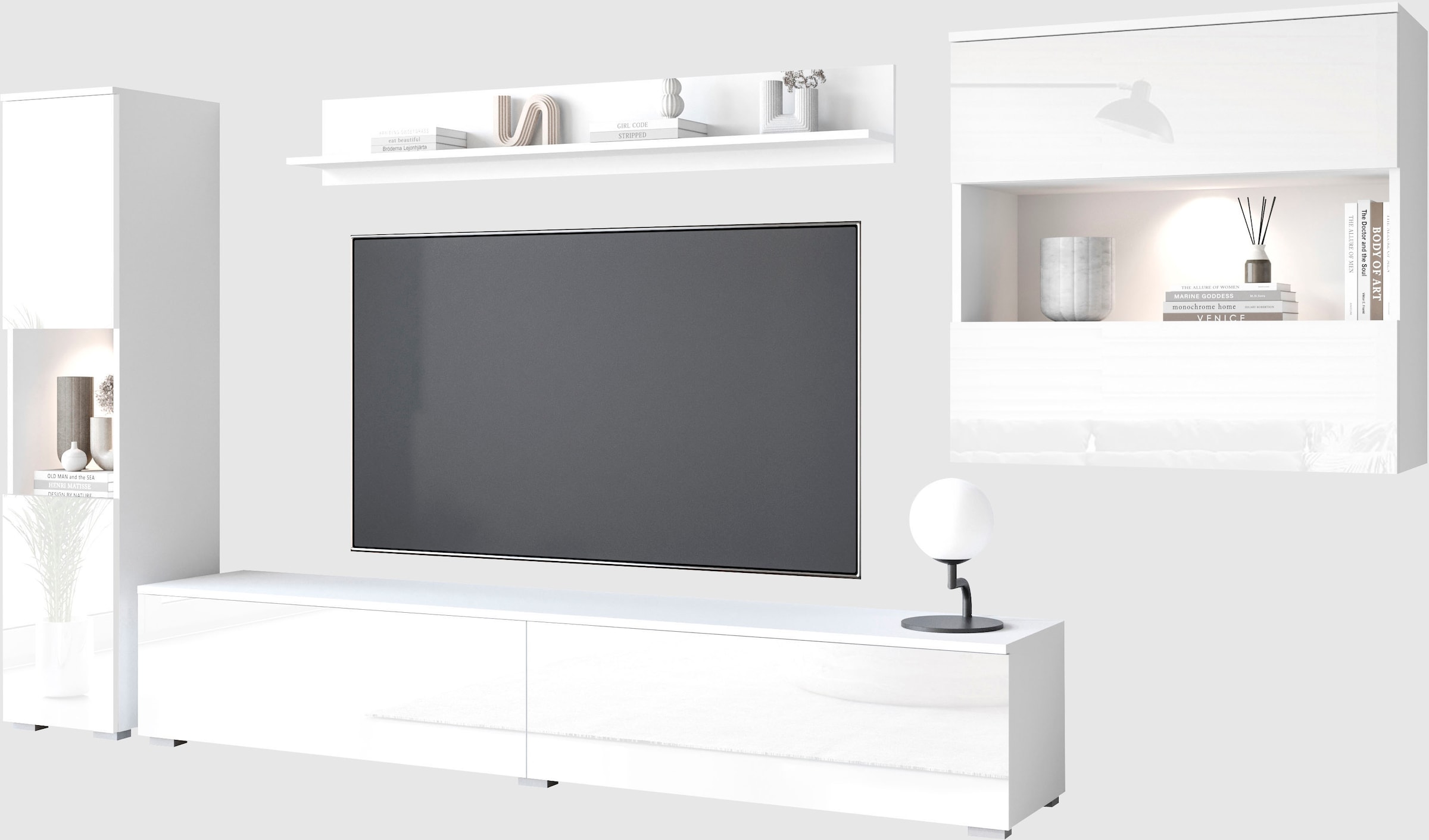 INOSIGN Wohnwand "PARIS", (Komplett-Set, 4 St.), TV-Wand 300cm breite, grifflose Design, stehend und hängend montierbar