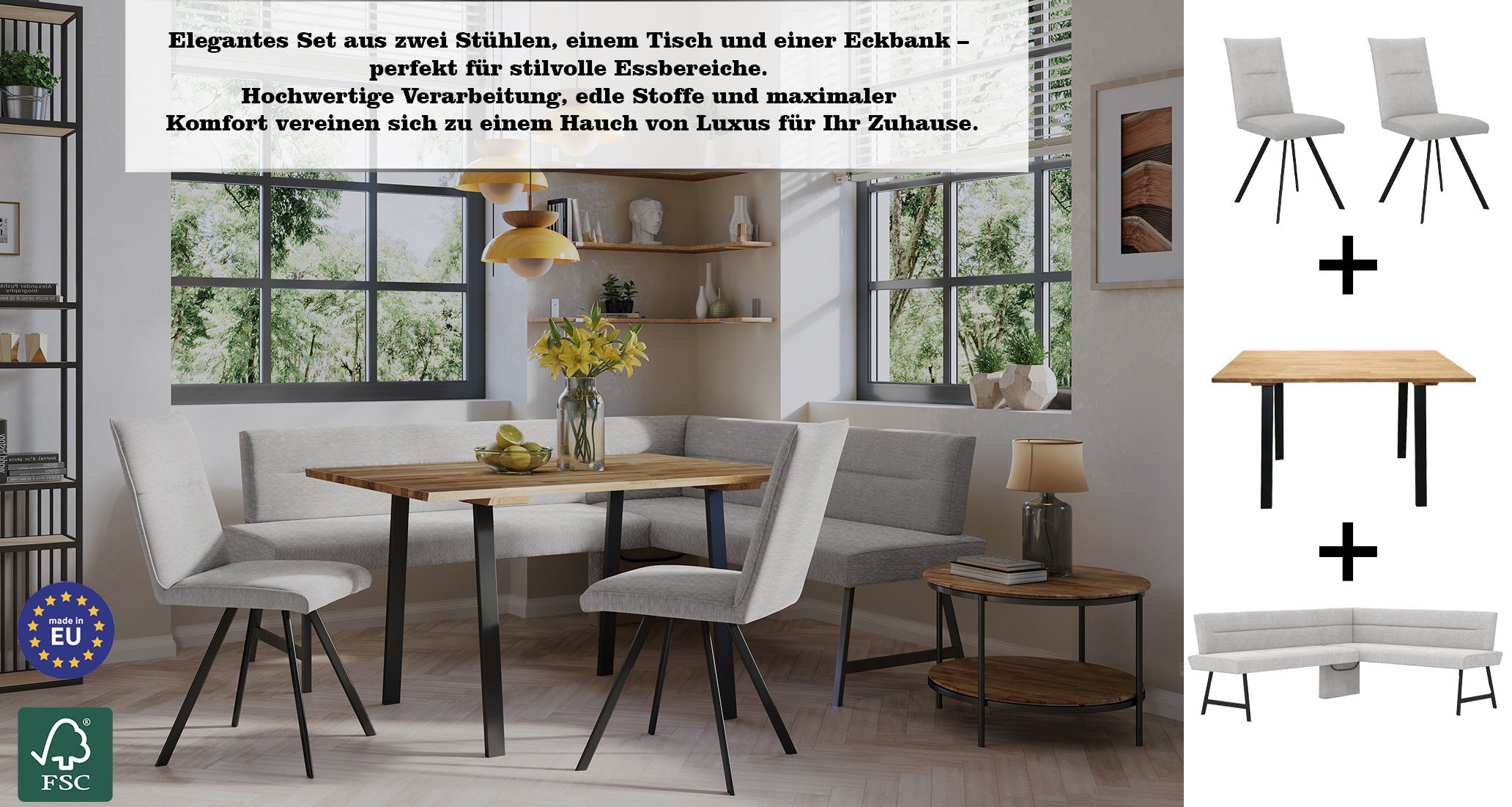 Eckbankgruppe OTTO HOME "Sava", grau (hellgrau, schwarz), B:211cm H:84cm T:170cm, 100% rPES, Sitzmöbel-Sets, Eckbankgruppe, Eckbank mit Wellenfederung im Sitz, Tisch Massiv Eiche 3
