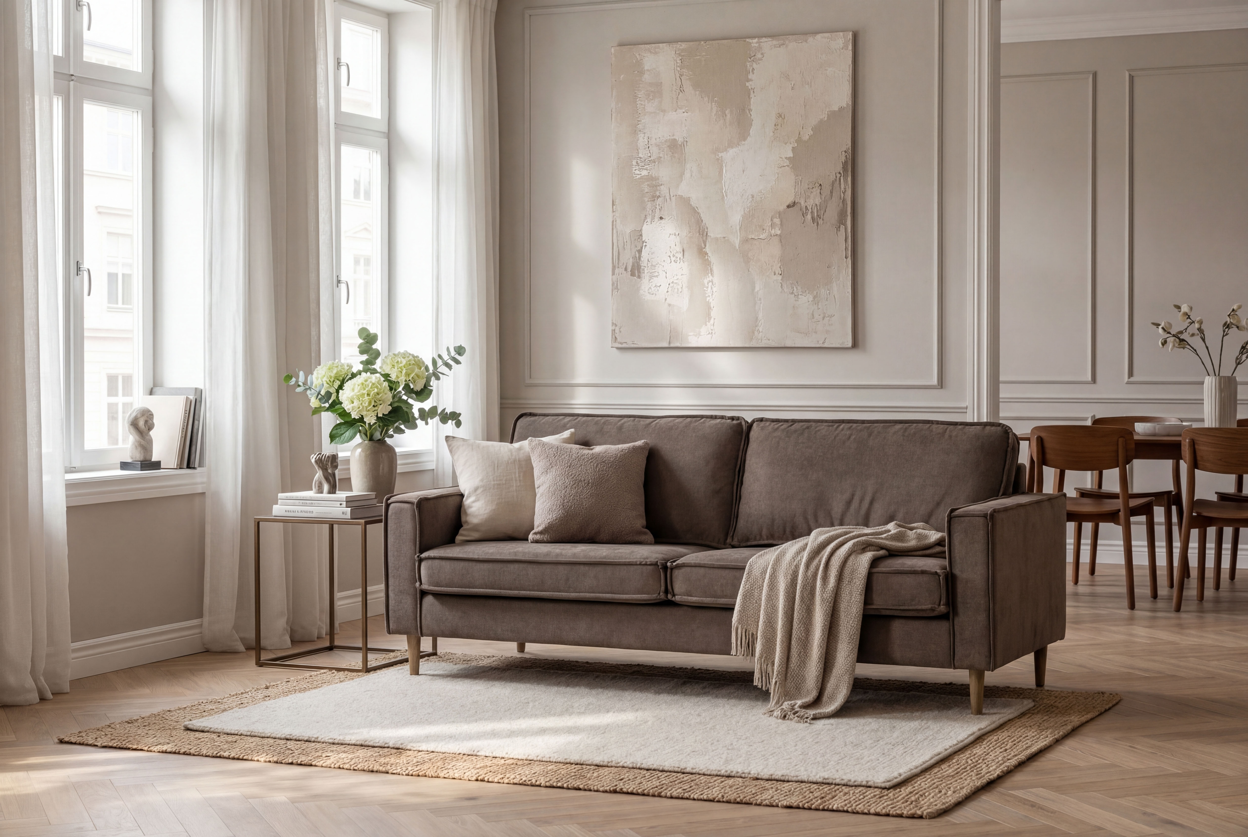 OTTO home 3-Sitzer "Pinto Skandi, 206 cm, Chenille, Struktur" mit Keder, Massivholzfüße Eiche geräuchert, Wellenunterfederung
