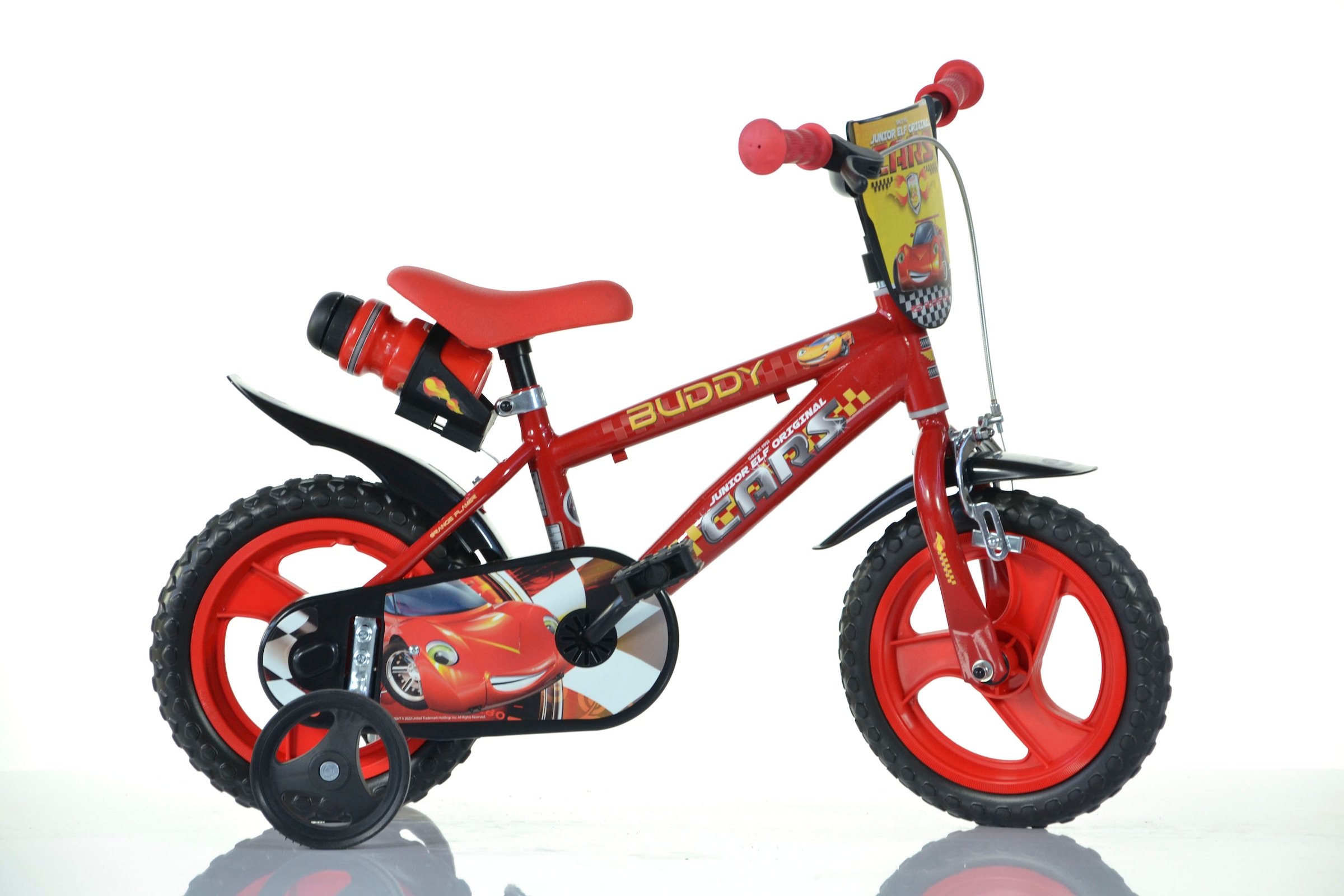 Dino Kinderfahrrad "Cars Buddy 12 Zoll", 1 Gang, mit Stützrädern, Trinkflasche und Frontschild