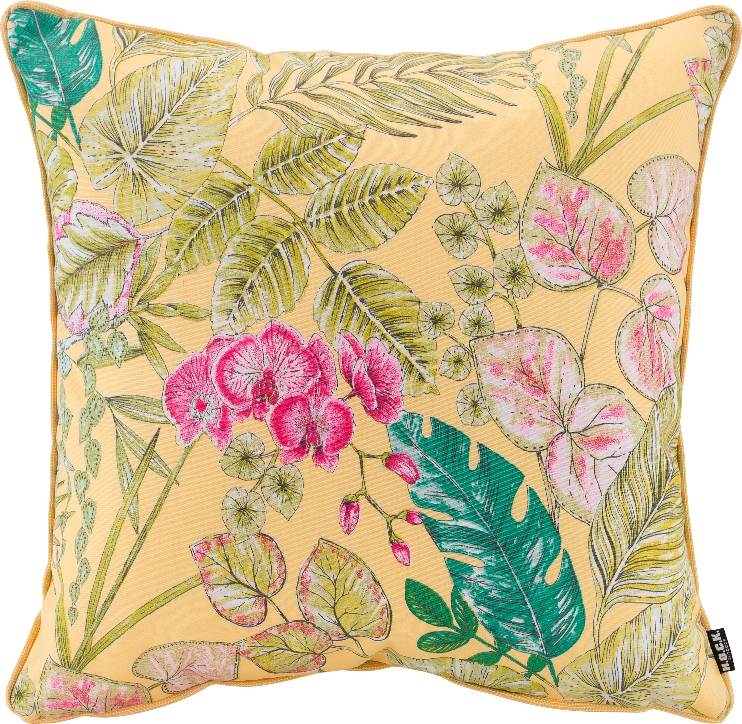 Dekokissen H.O.C.K., B:50cm H:10cm L:50cm, gelb, Polyacryl, Dekokissen_Sitzkissen_Kissenhüllen, "Eliza-Bouquet Outdoor", Outdoor geeignet,