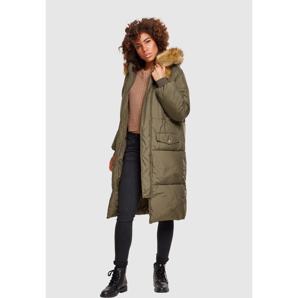 URBAN CLASSICS Winterjacke »Urban Classics Damen Ladies Oversize Faux Fur Puffer Coat«, (1 St.), mit Kapuze