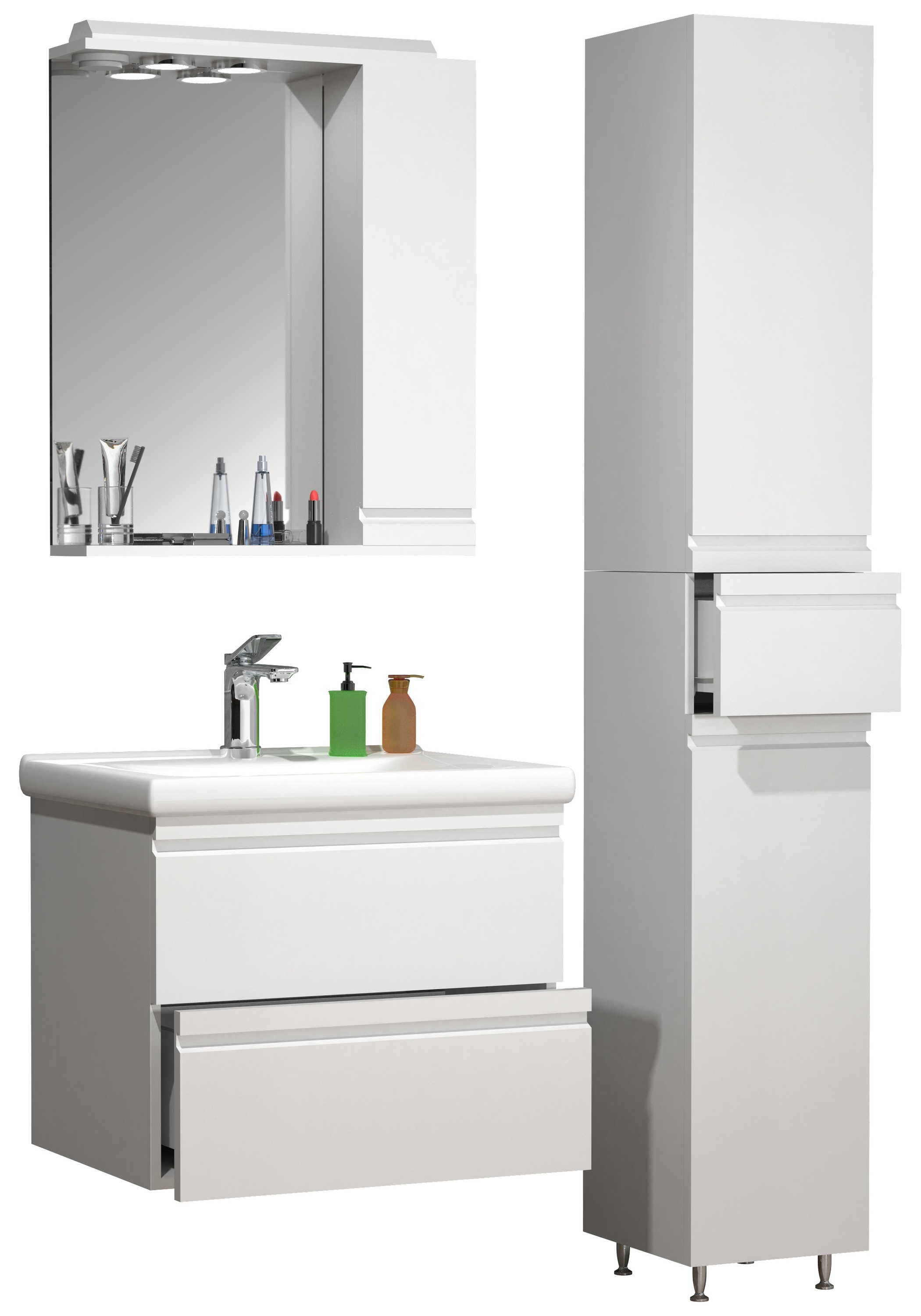 VCM Waschbeckenunterschrank »VCM 4-tlg. Waschplatz Waschtisch 60 cm Badmöbel Set Waschbecken grifflose Schublade Spiegelschrank Hochschrank Silora L«, (4 St.)