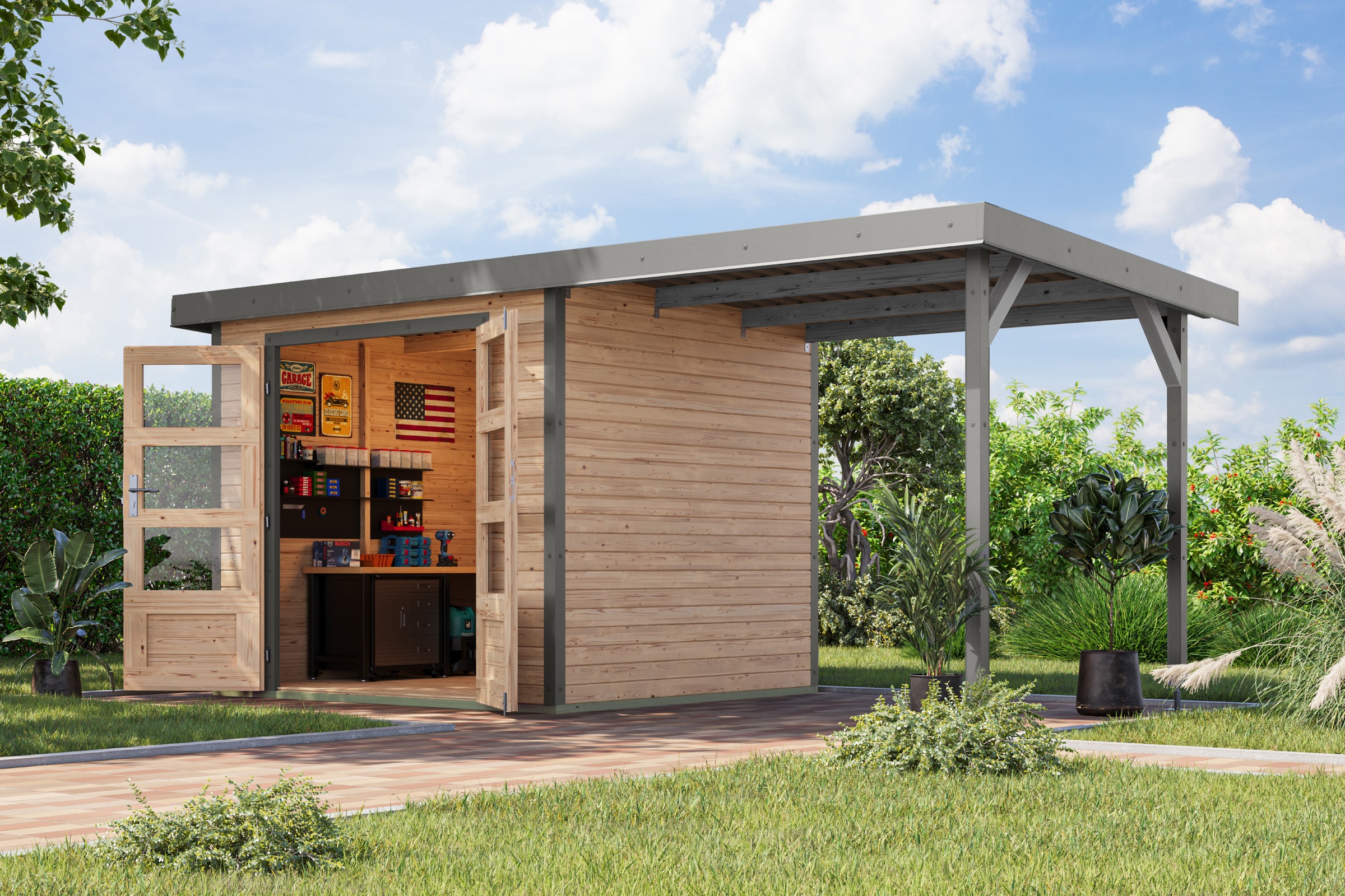 Karibu Gartenhaus »Jupiterino 3A, in verschiedenen Farben« inkl. Anbaudach