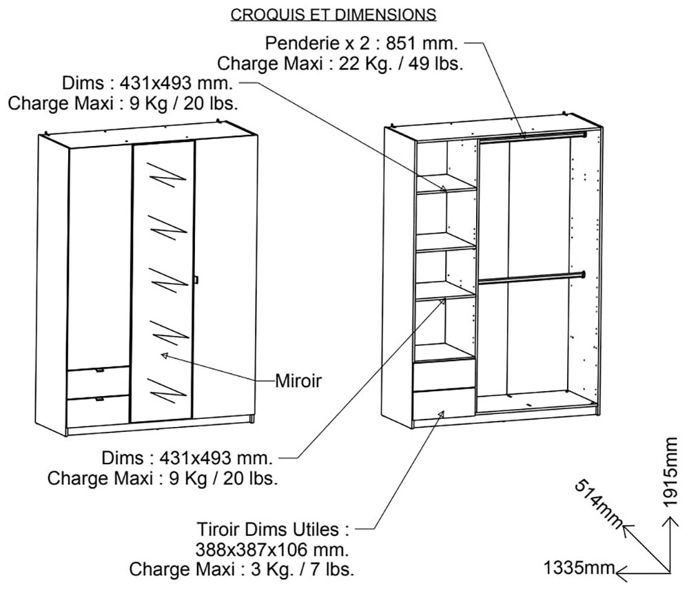 Demeyere GROUP Kleiderschrank »Mellie, mit Spiegel und 2 Schubladen, 3 Regale, 2 Kleiderstangen«, (H/B/ T ca. 191/134/52cm), maximaler Stauraum, Made in France